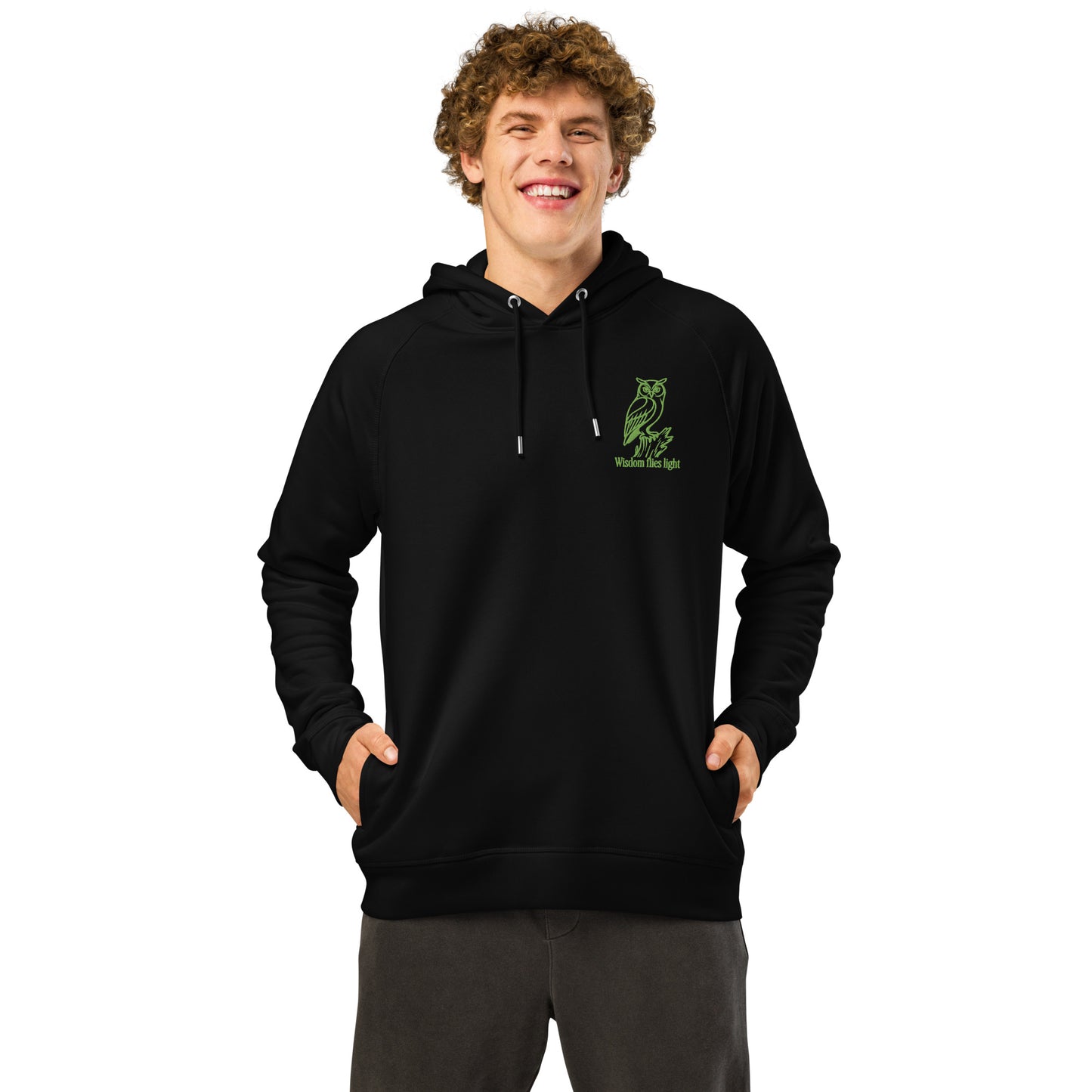 Owl Unisex Organic Side Pocket Hoodie: 'Wisdom Flies Light' in Fall | Sustainable Fashion Dudeily