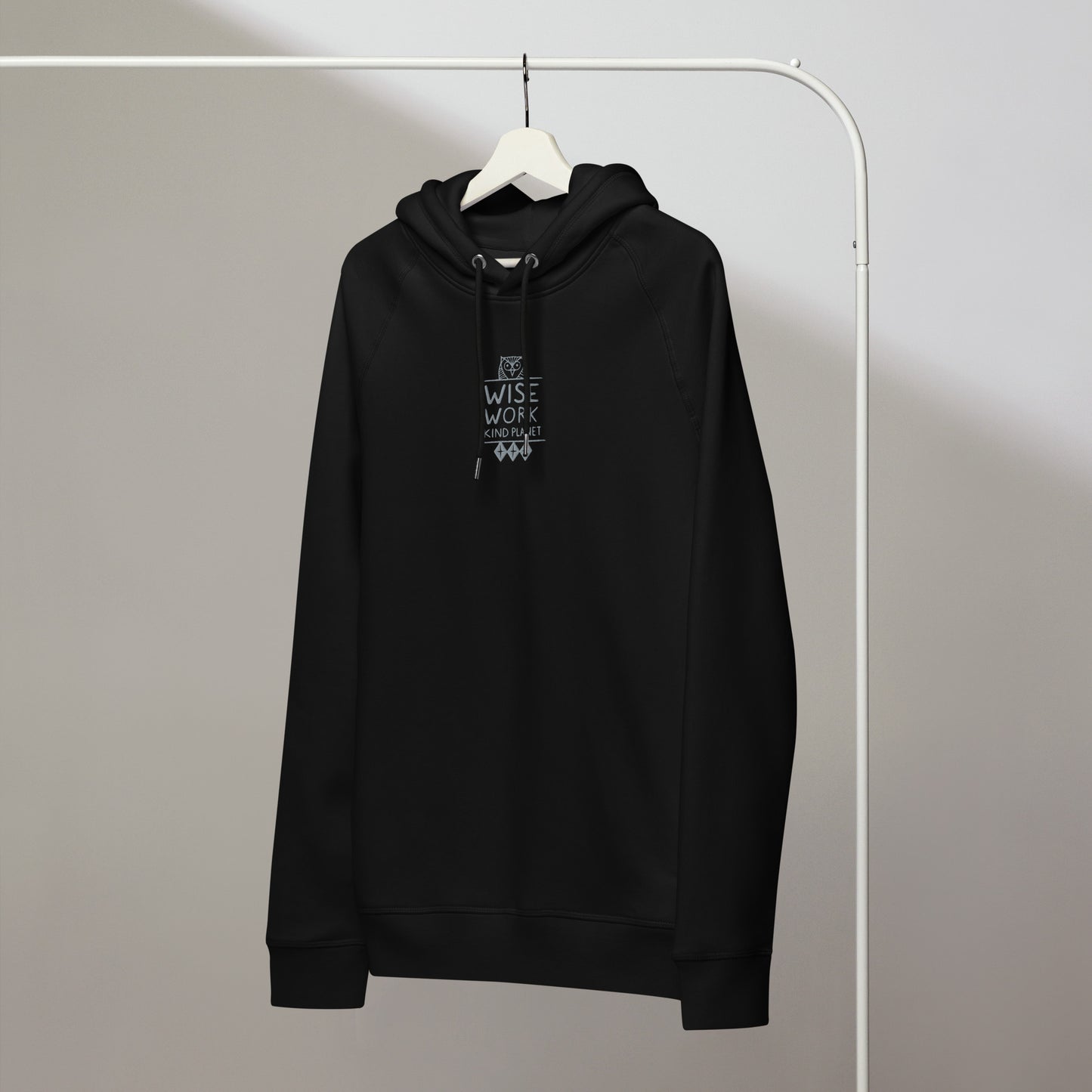 Unisex Organic Side Pocket Hoodie: Wise Work, Kind Planet | Owl Embroidered Sustainable Fashion Dudeily
