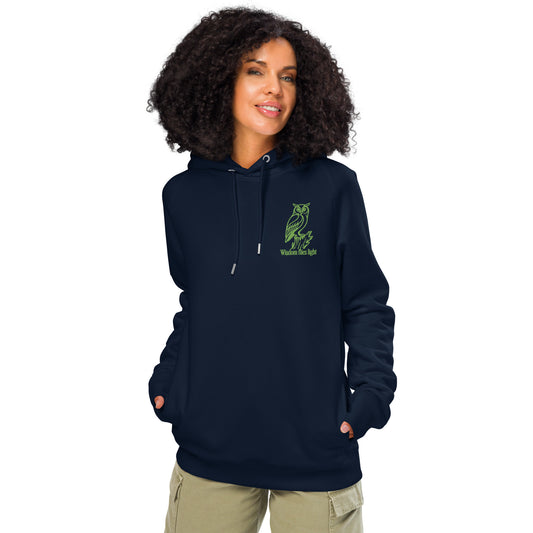 Owl Unisex Organic Side Pocket Hoodie: 'Wisdom Flies Light' in Fall | Sustainable Fashion Dudeily