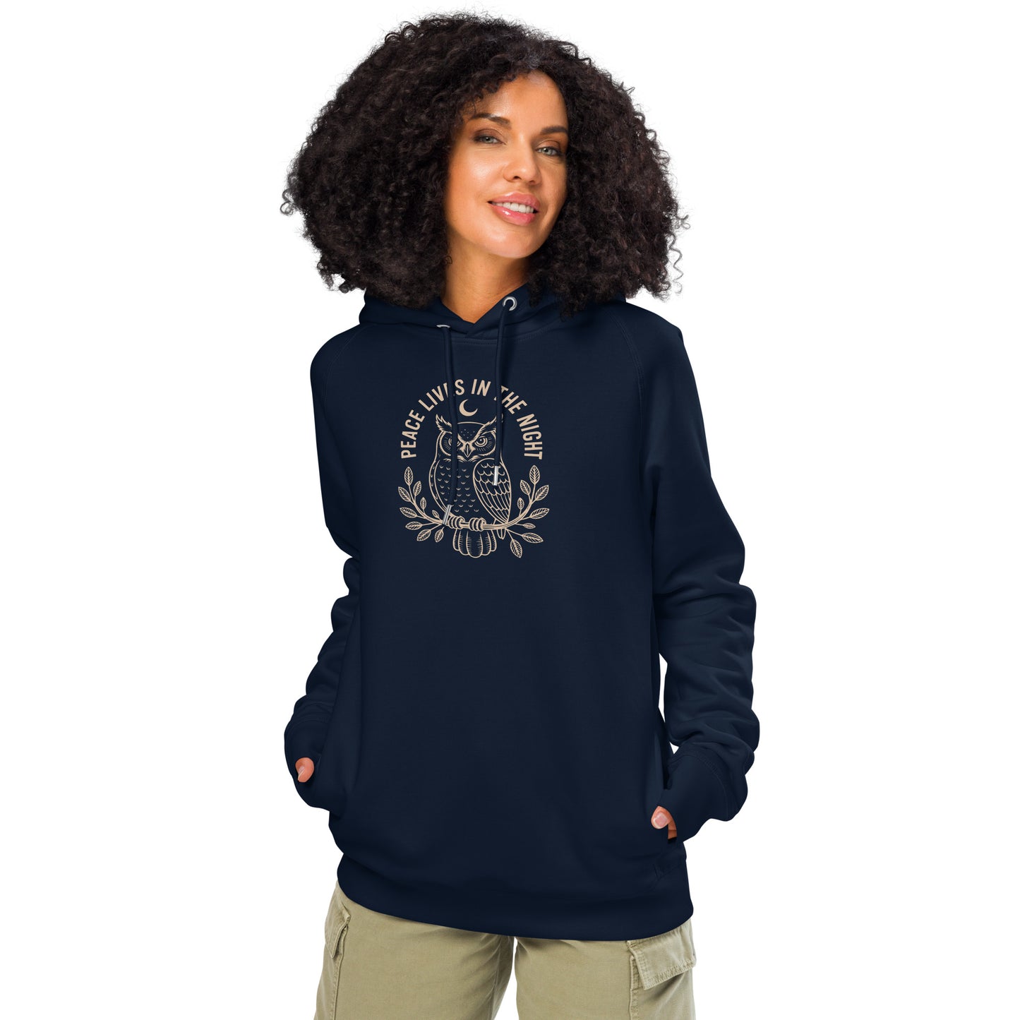 Unisex Organic Side Pocket Hoodie: 'Peace in the Night' in Fall | Sustainable Owl Fashion USA French Navy Dudeily