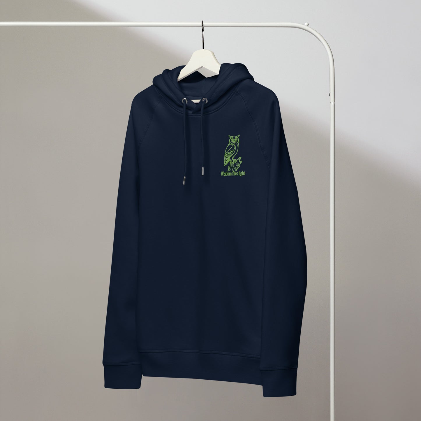 Owl Unisex Organic Side Pocket Hoodie: 'Wisdom Flies Light' in Fall | Sustainable Fashion Dudeily
