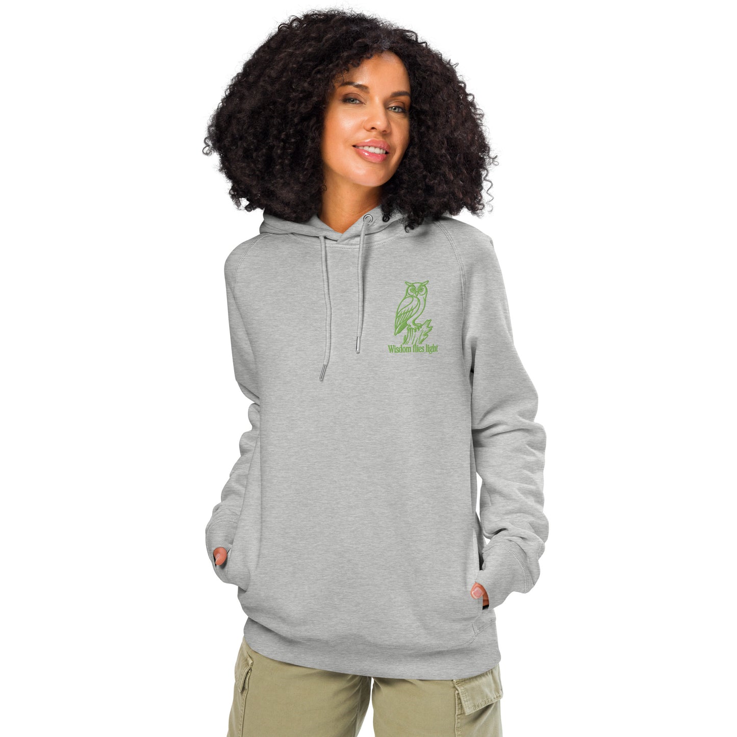 Owl Unisex Organic Side Pocket Hoodie: 'Wisdom Flies Light' in Fall | Sustainable Fashion Dudeily
