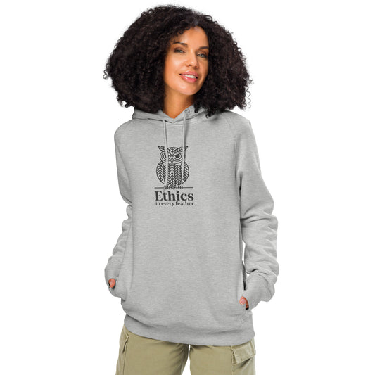 Unisex organic side pocket hoodie: 'Ethics in Every Feather' | Sustainable Owl Fashion USA Heather Grey Dudeily