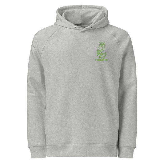 Owl Unisex Organic Side Pocket Hoodie: 'Wisdom Flies Light' in Fall | Sustainable Fashion Dudeily