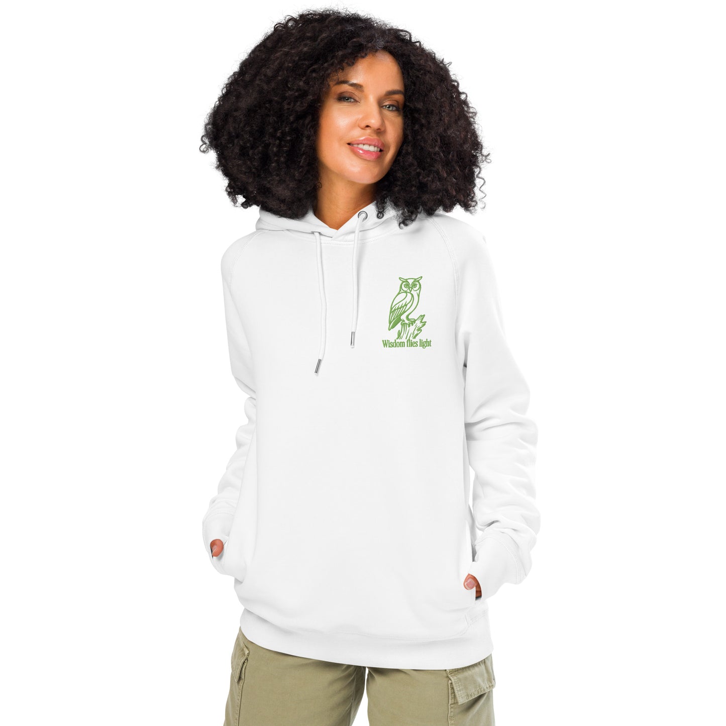 Owl Unisex Organic Side Pocket Hoodie: 'Wisdom Flies Light' in Fall | Sustainable Fashion Dudeily