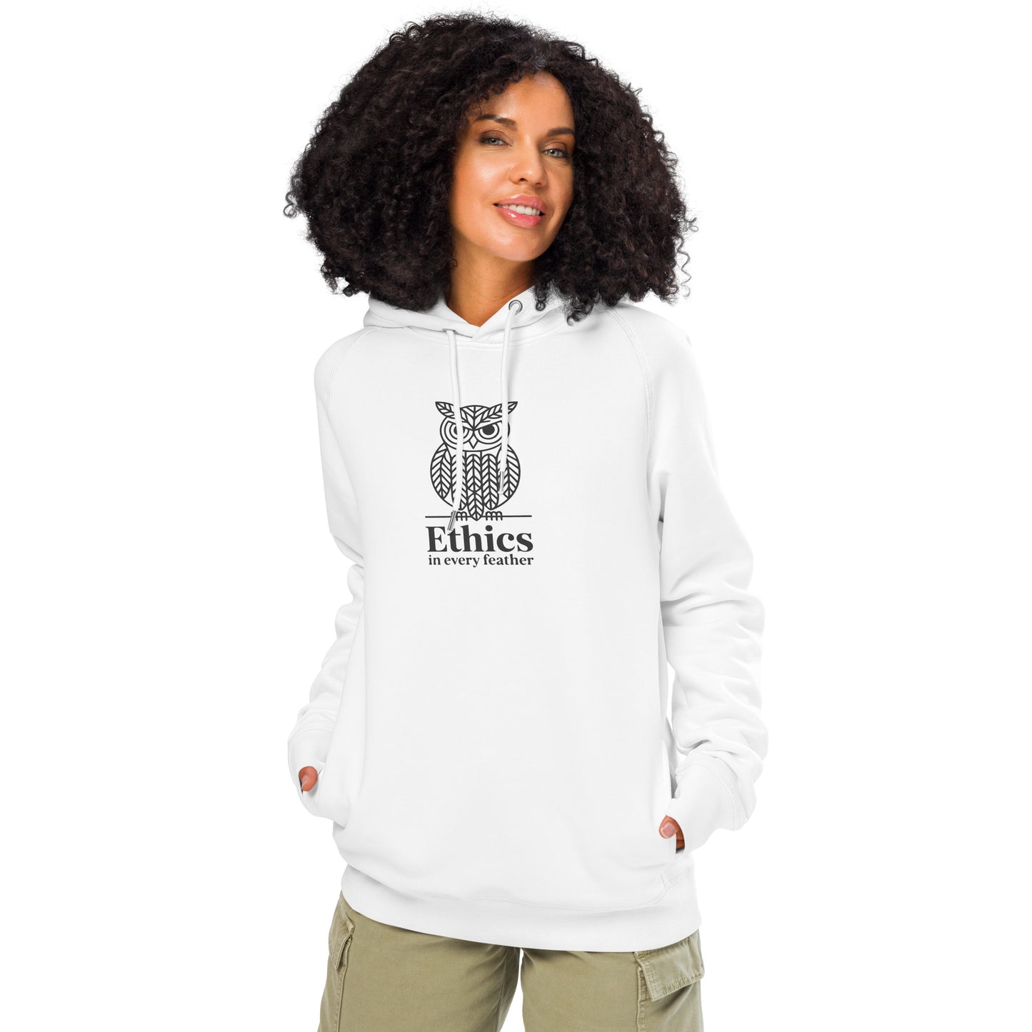 Unisex organic side pocket hoodie: 'Ethics in Every Feather' | Sustainable Owl Fashion USA White Dudeily
