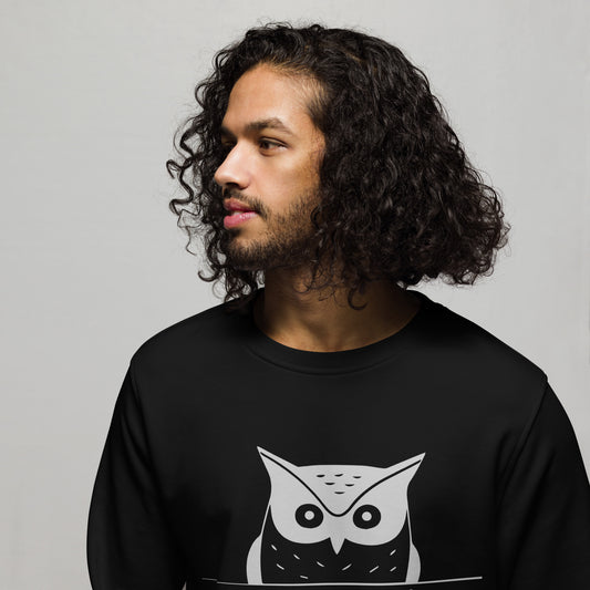 Unisex Organic Sweatshirt: 'Hoo's Watching You? Just Nature' | Sustainable Owl Fashion USA Dudeily