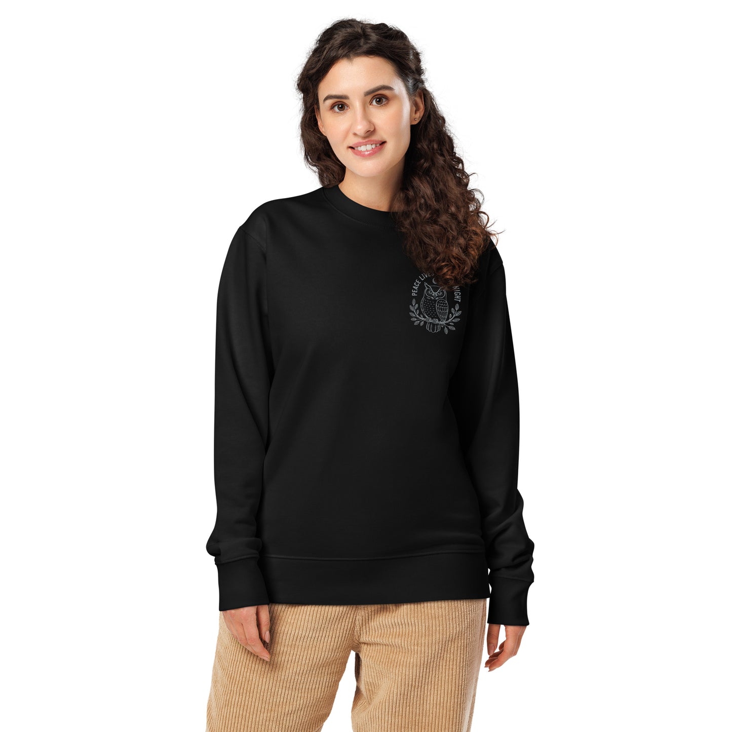 Owl Unisex Organic Sweatshirt-'Peace Lives in the Night' in Fall | Sustainable Fashion USA Black Dudeily