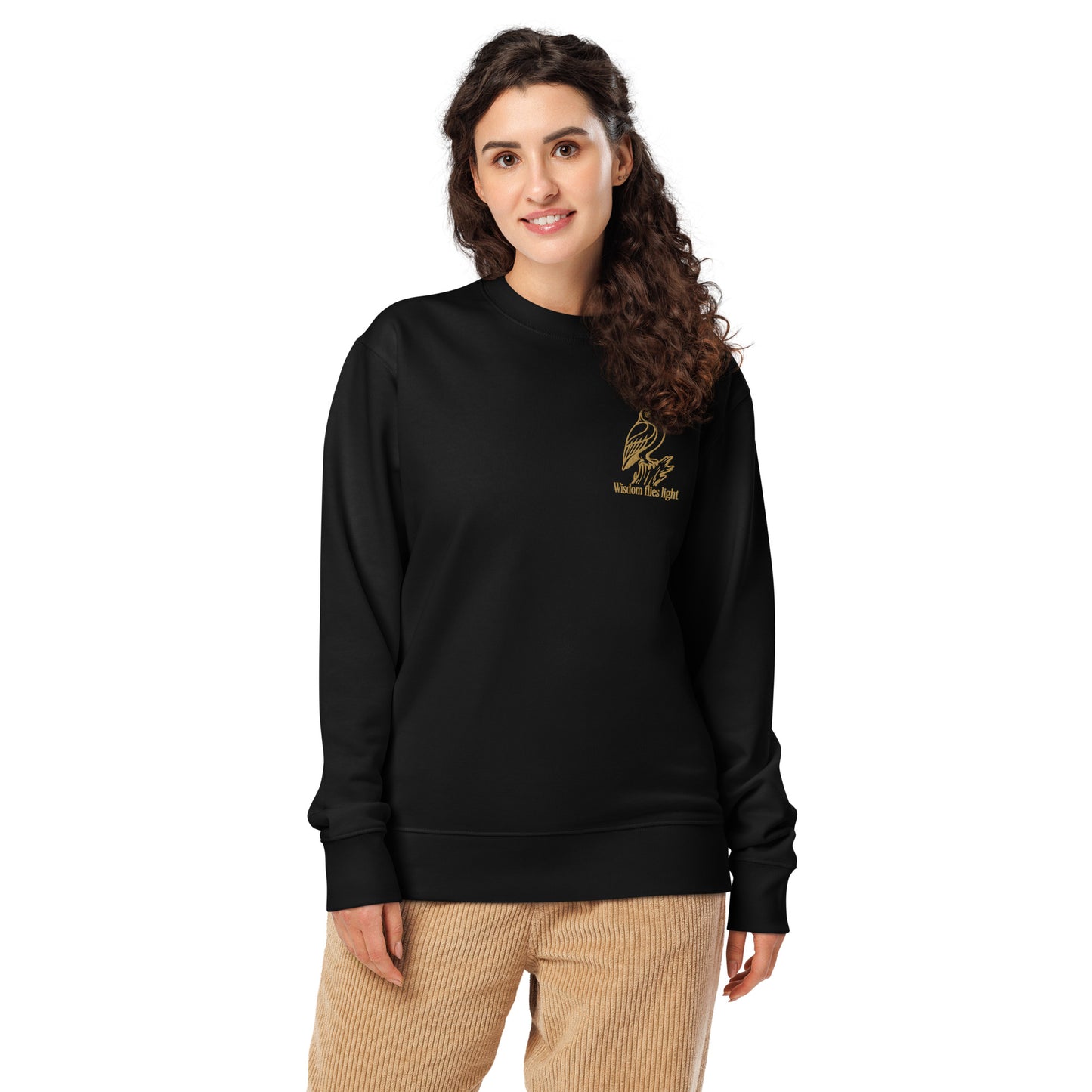 Owl Unisex Organic Sweatshirt: 'Wisdom Flies Light' in Fall | Sustainable Fashion USA Black Dudeily
