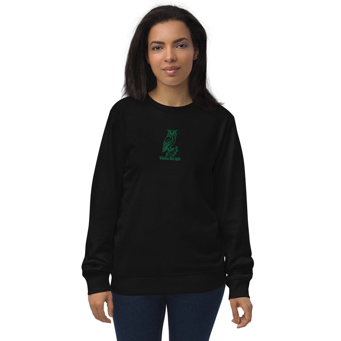 Owl Unisex Organic Sweatshirt: 'Wisdom Flies Light' in Fall | Sustainable Fashion USA Black Dudeily