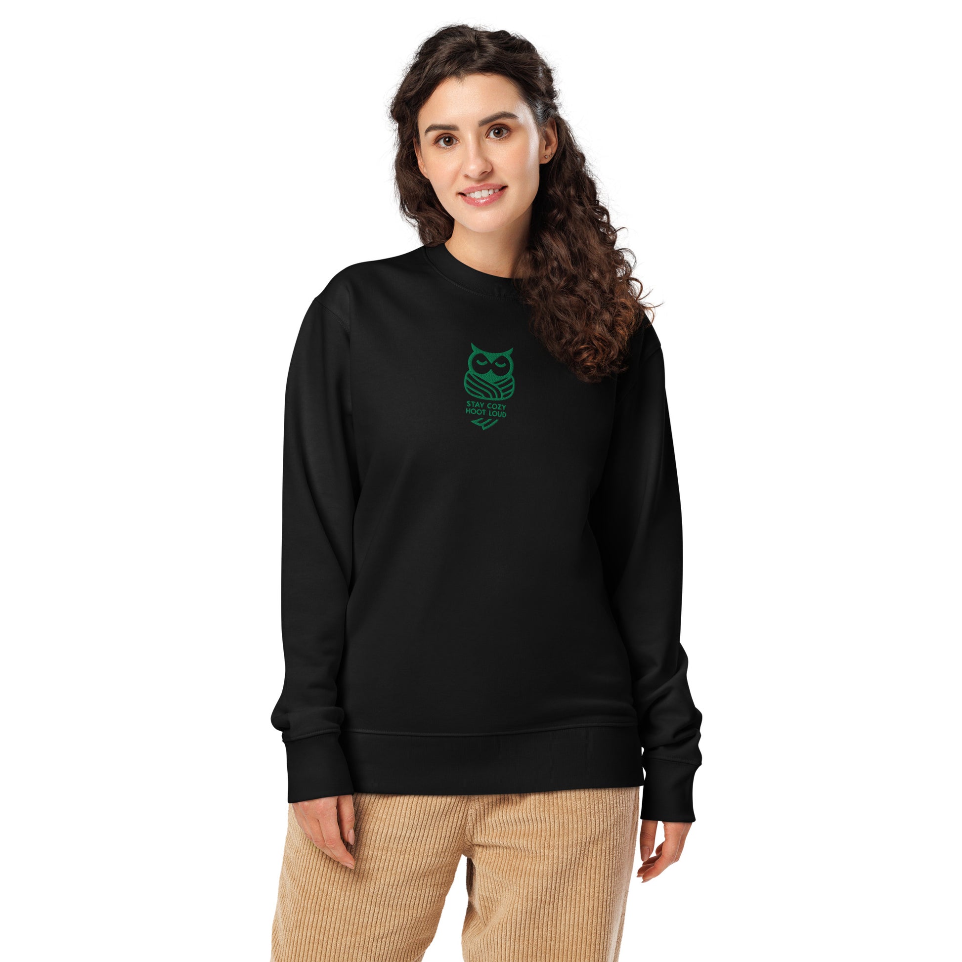 Unisex Organic Sweatshirt: "Stay Cozy Hoot Loud" in Fall | Sustainable Owl Fashion USA Dudeily