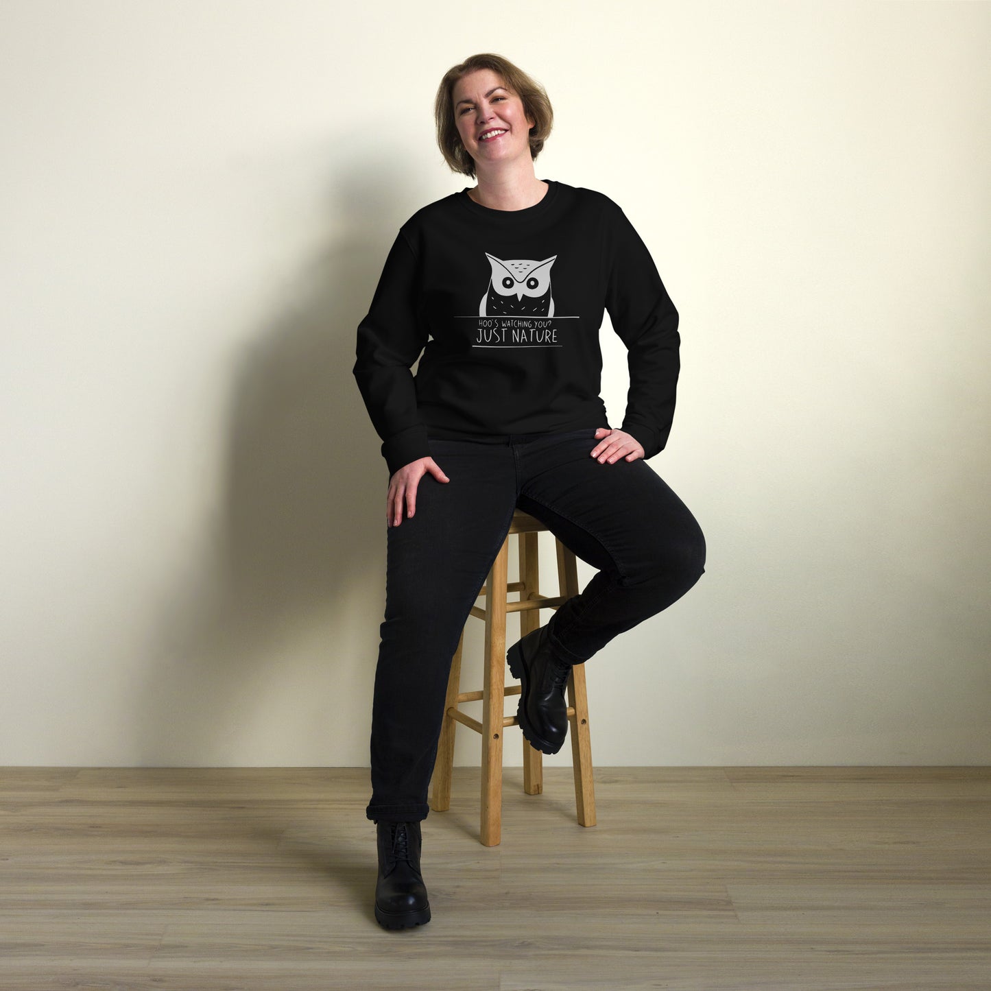 Unisex Organic Sweatshirt: 'Hoo's Watching You? Just Nature' | Sustainable Owl Fashion USA Dudeily