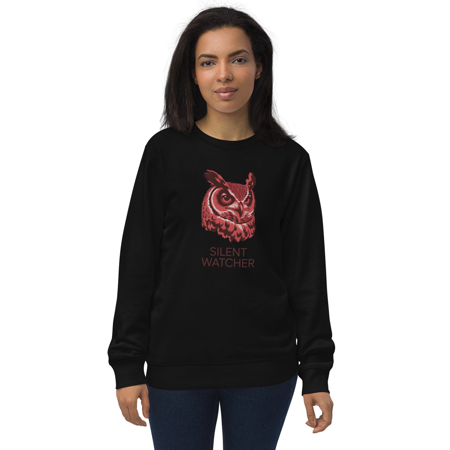 Unisex Organic Sweatshirt: 'Silent Watcher' in Fall | Ethical Owl Clothing USA Black Dudeily