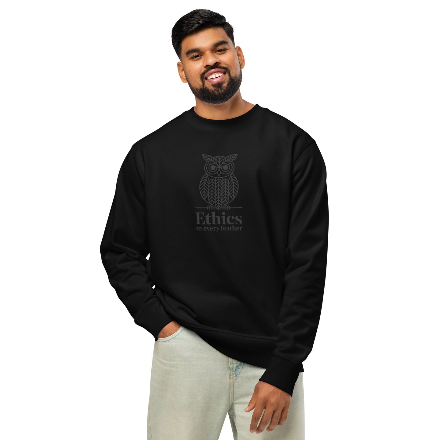 Unisex Organic Sweatshirt: 'Ethics in Every Feather' for Fall | Eco-Friendly Owl Apparel USA Dudeily
