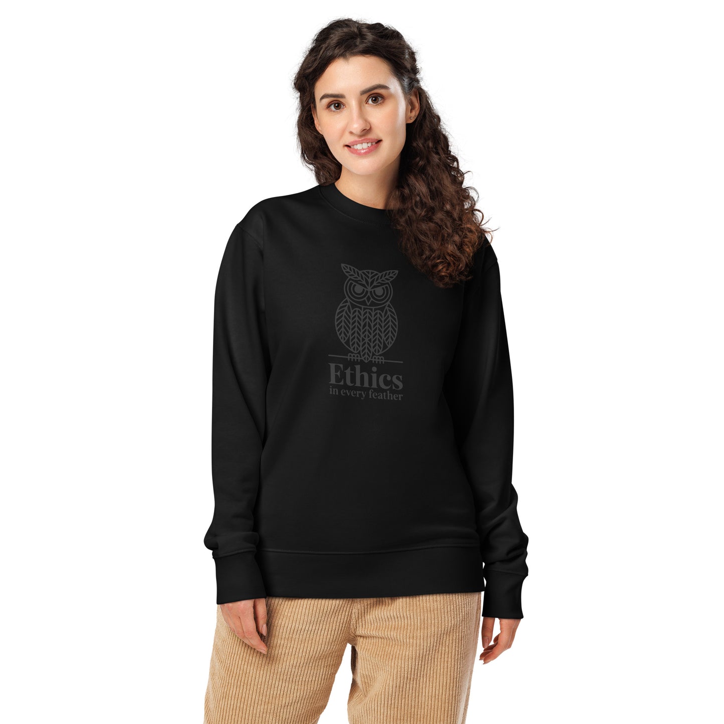 Unisex Organic Sweatshirt: 'Ethics in Every Feather' for Fall | Eco-Friendly Owl Apparel USA Black Dudeily
