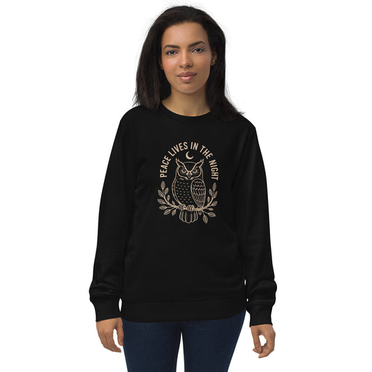Unisex Organic Sweatshirt: 'Peace in the Night' in Fall | Sustainable Owl Fashion USA Black Dudeily