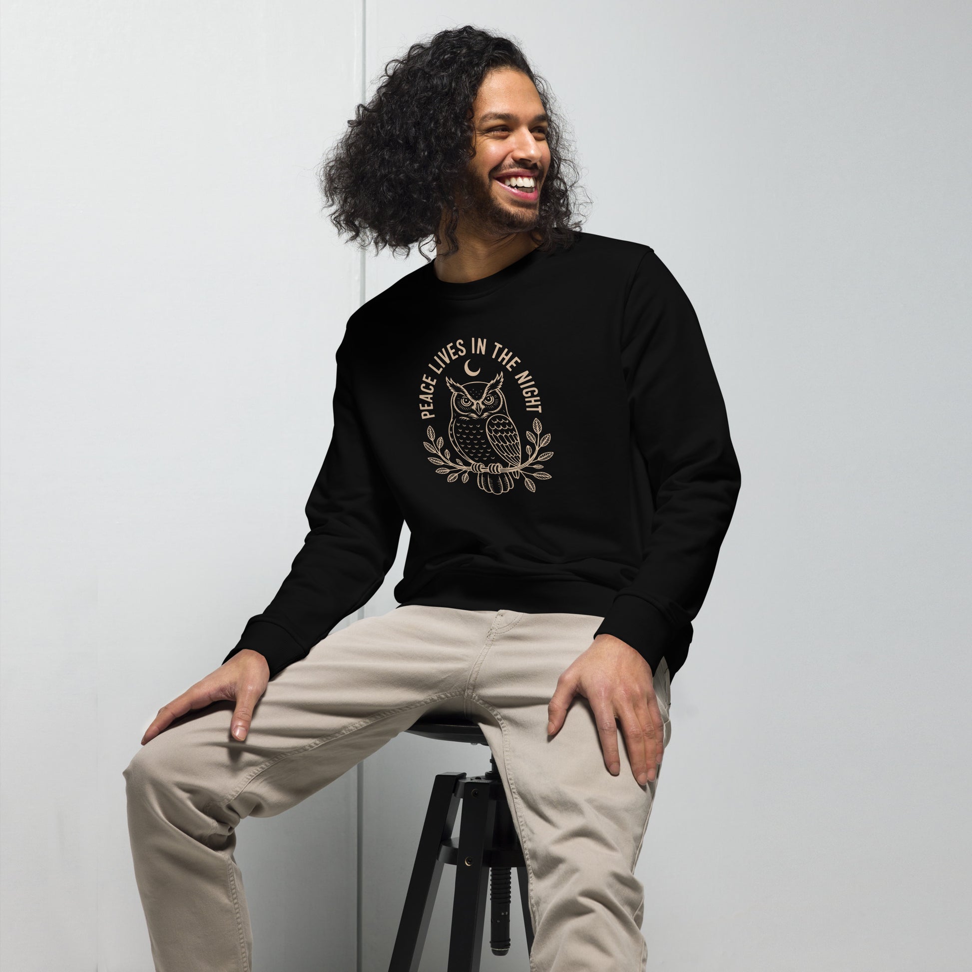 Unisex Organic Sweatshirt: 'Peace in the Night' in Fall | Sustainable Owl Fashion USA Dudeily