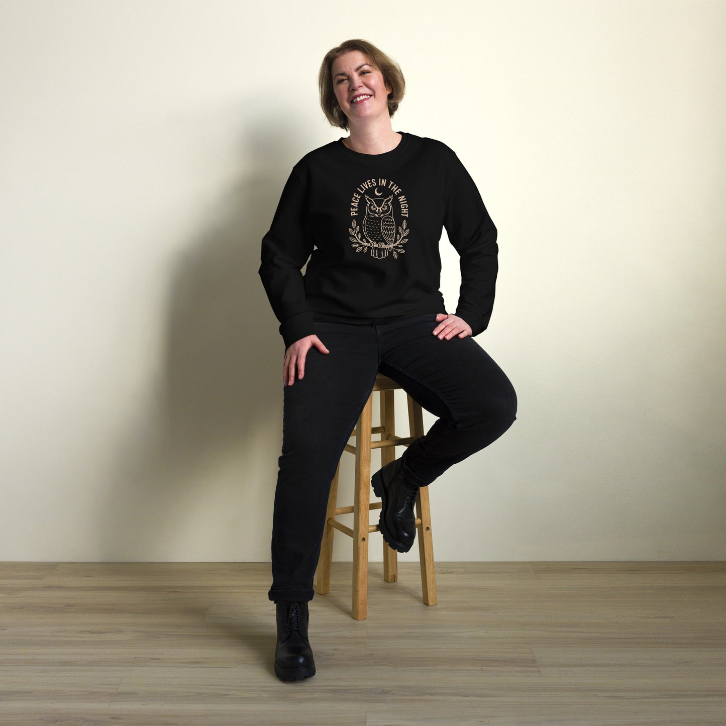 Unisex Organic Sweatshirt: 'Peace in the Night' in Fall | Sustainable Owl Fashion USA Dudeily