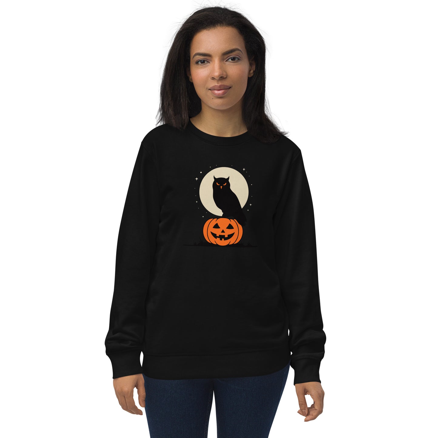 Unisex Organic Sweatshirt: Halloween Owl Cozy Eco-Friendly Style USA Black Dudeily