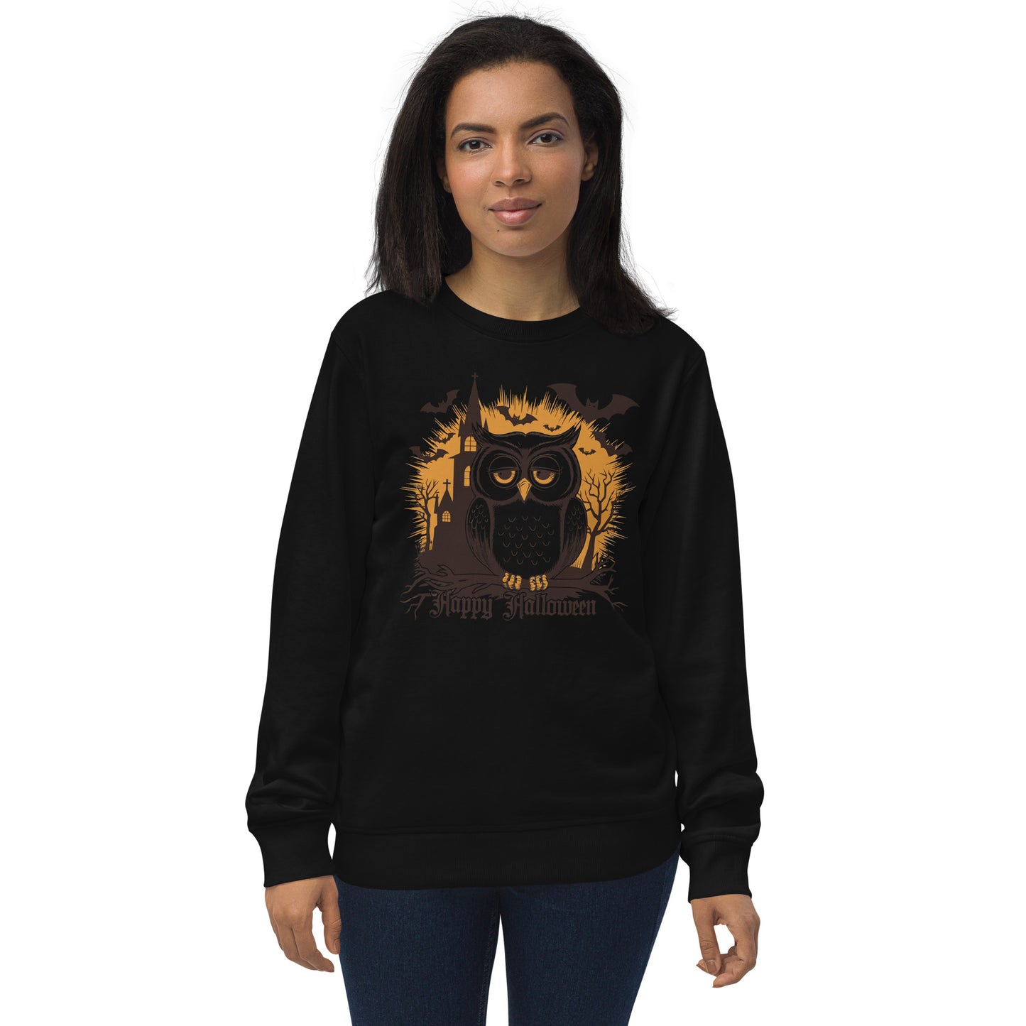 Unisex Organic Sweatshirt: Halloween Owl Cozy Eco-Friendly Style USA Black Dudeily