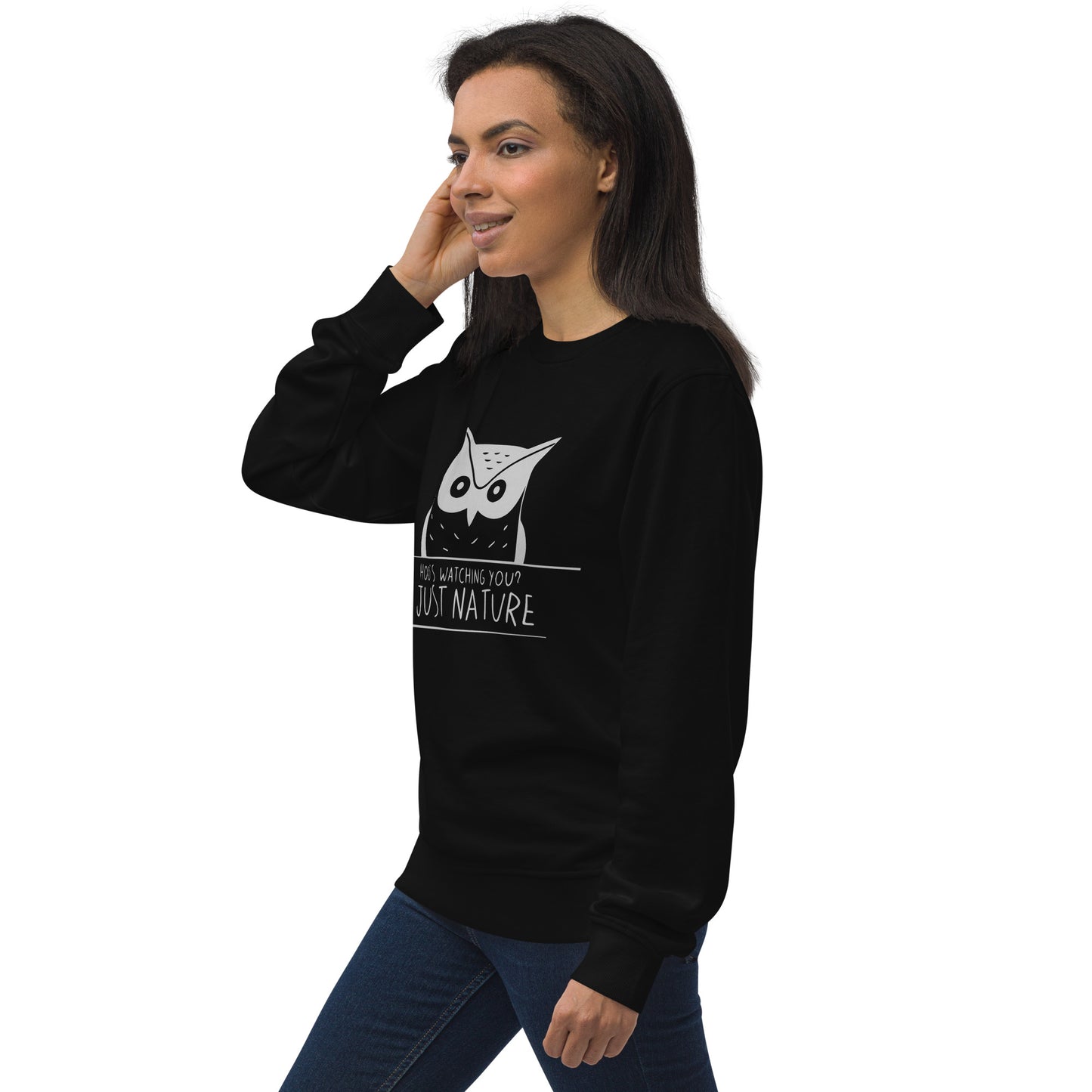 Unisex Organic Sweatshirt: 'Hoo's Watching You? Just Nature' | Sustainable Owl Fashion USA Dudeily