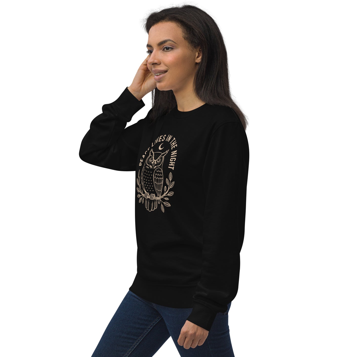Unisex Organic Sweatshirt: 'Peace in the Night' in Fall | Sustainable Owl Fashion USA Dudeily