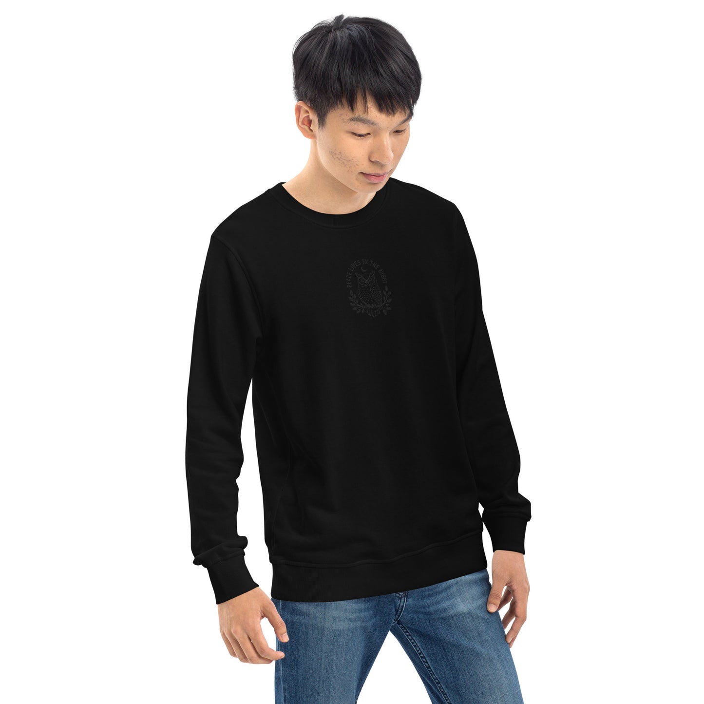 Owl Unisex Organic Sweatshirt – 'Peace Lives in the Night' in Fall | Sustainable Fashion USA Dudeily