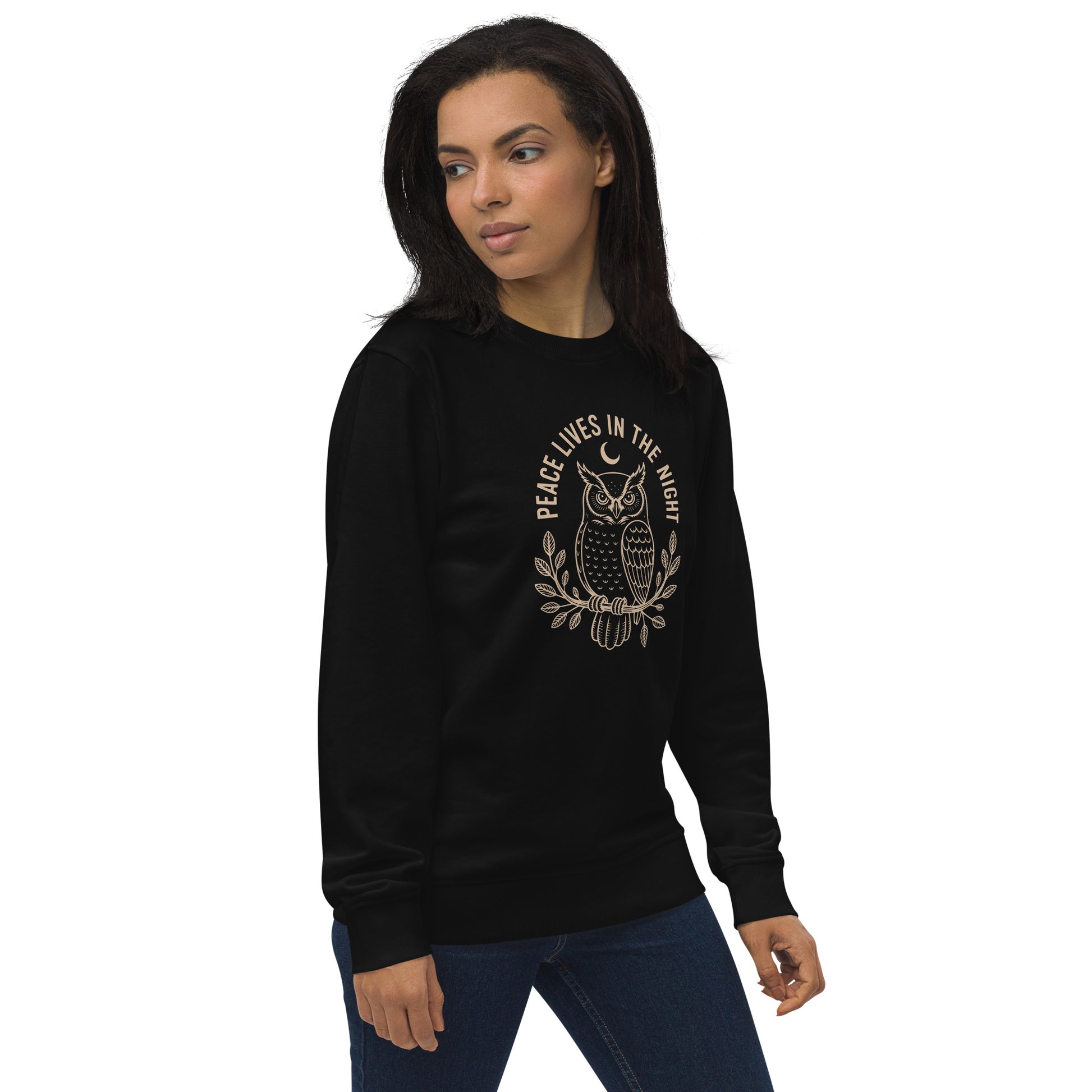 Unisex Organic Sweatshirt: 'Peace in the Night' in Fall | Sustainable Owl Fashion USA Dudeily