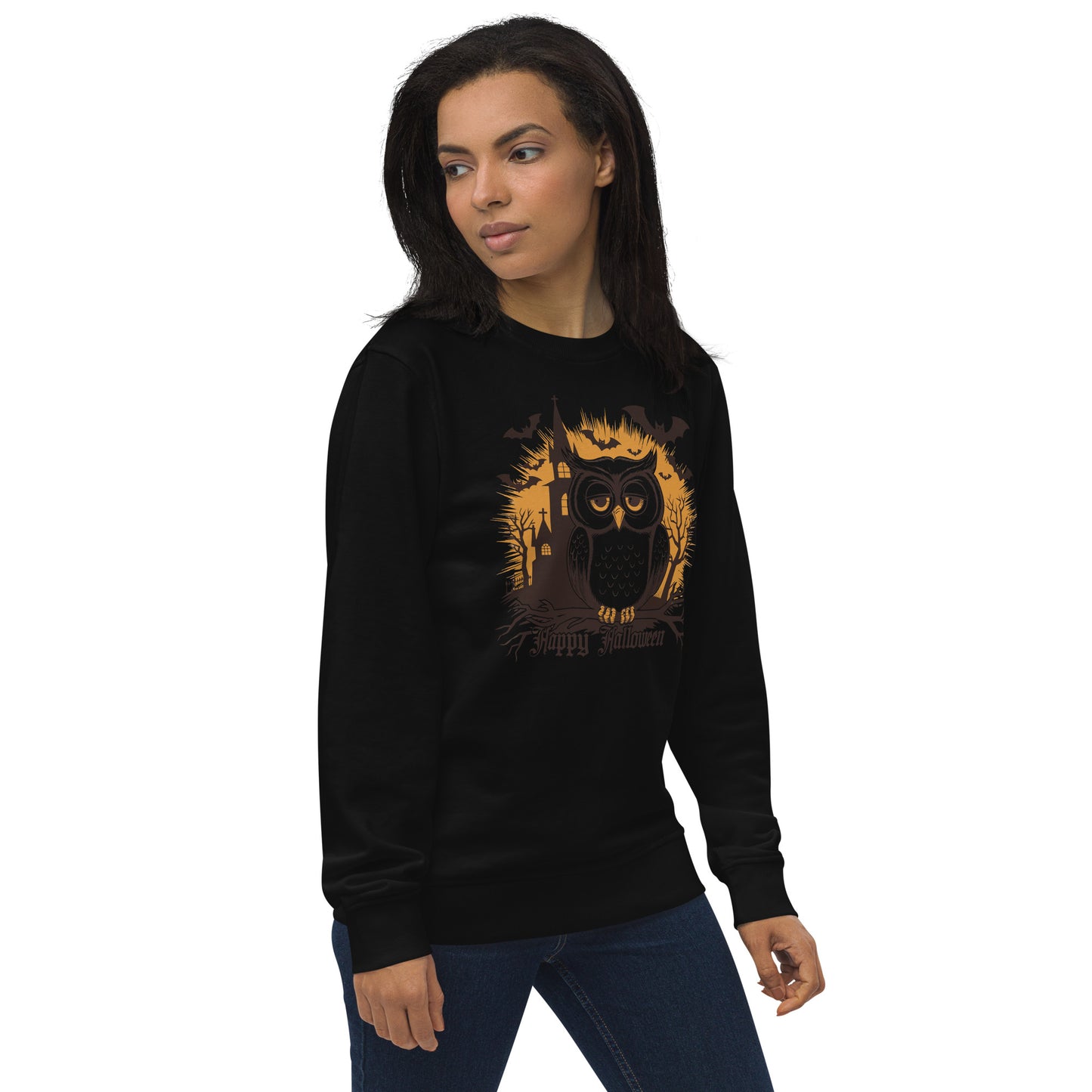 Unisex Organic Sweatshirt: Halloween Owl Cozy Eco-Friendly Style USA Dudeily