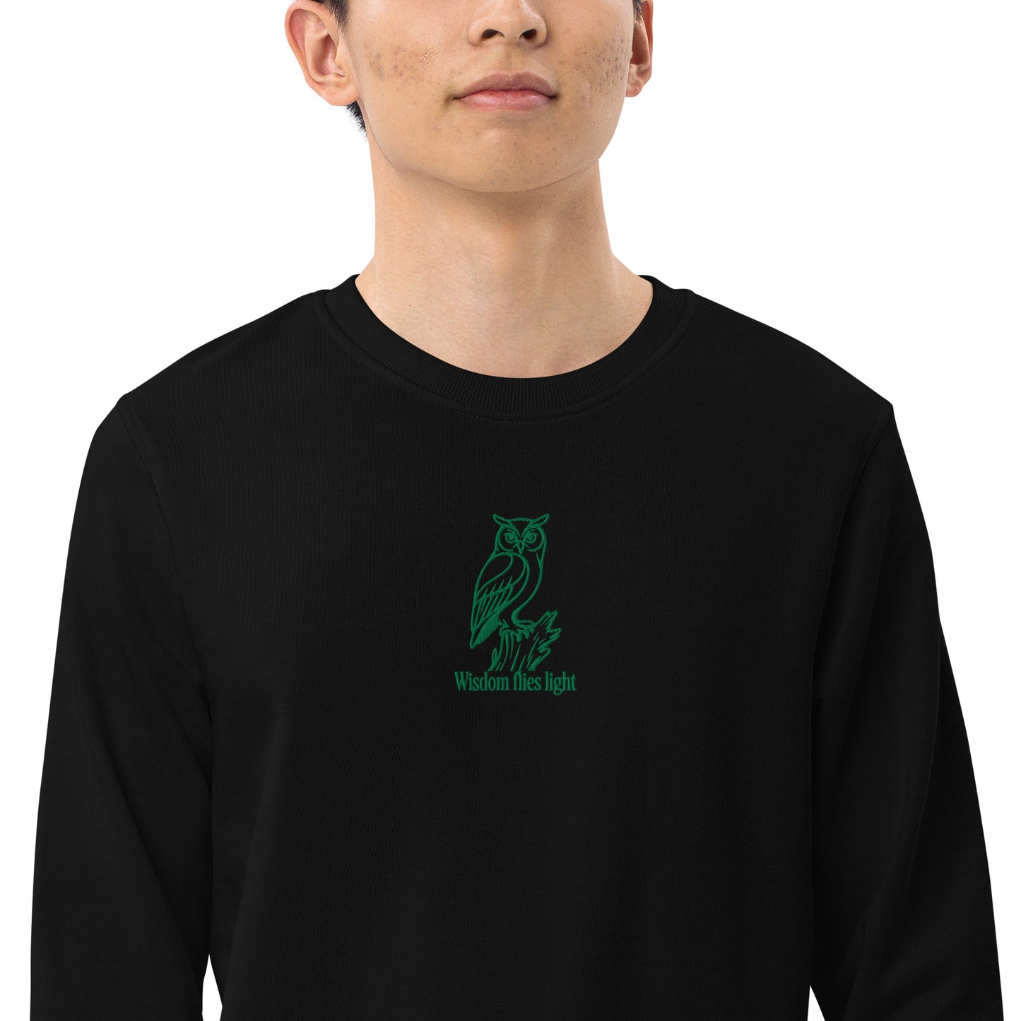 Owl Unisex Organic Sweatshirt: 'Wisdom Flies Light' in Fall | Sustainable Fashion USA Dudeily