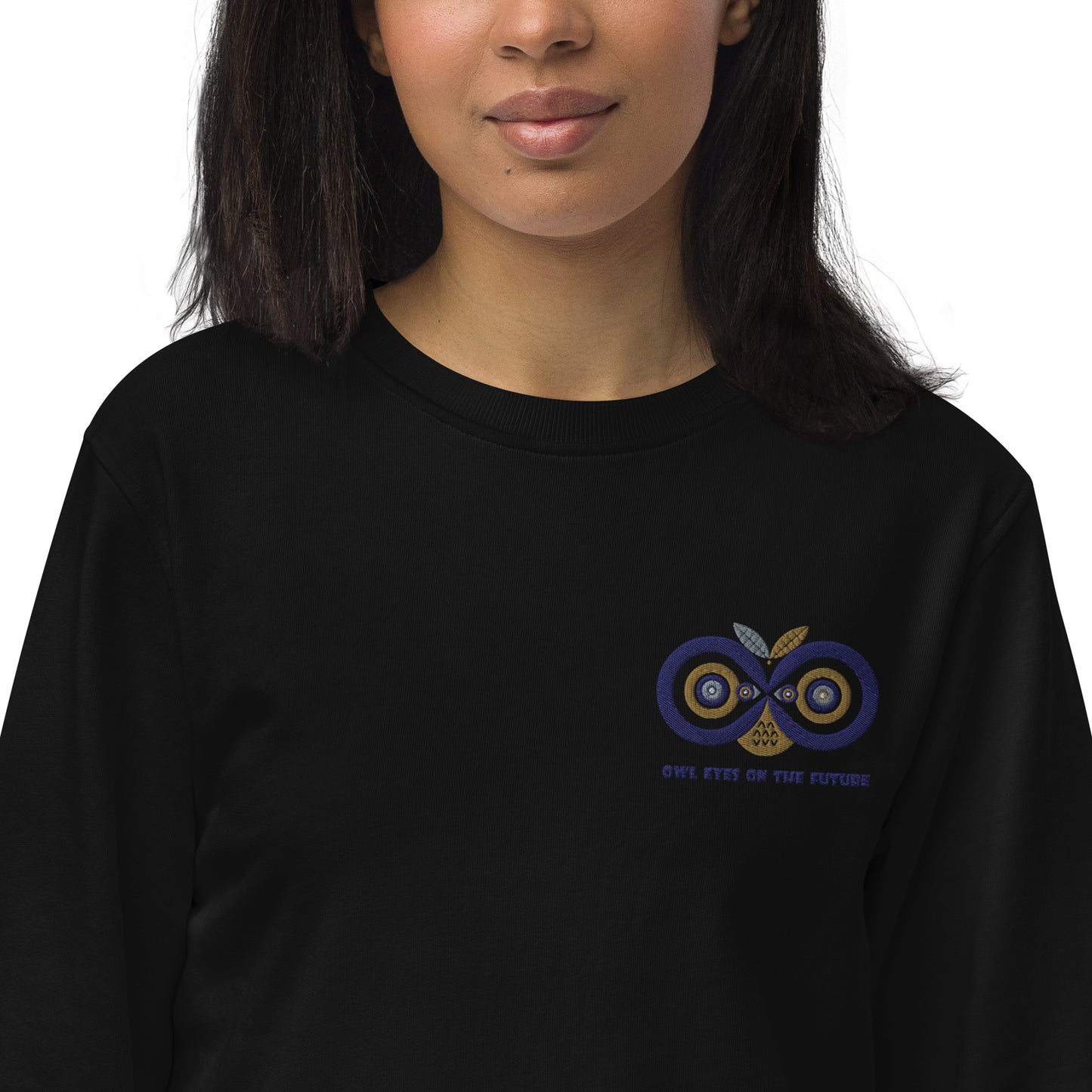Unisex Organic Sweatshirt: Owl Eyes on the Future | Owl Embroidered Sustainable Fashion USA Dudeily