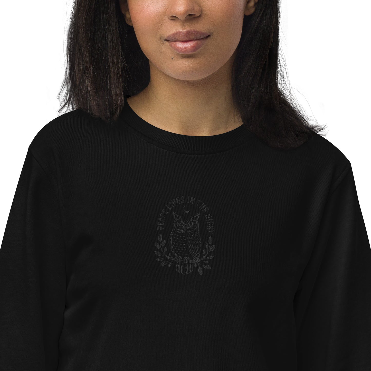 Owl Unisex Organic Sweatshirt – 'Peace Lives in the Night' in Fall | Sustainable Fashion USA Dudeily