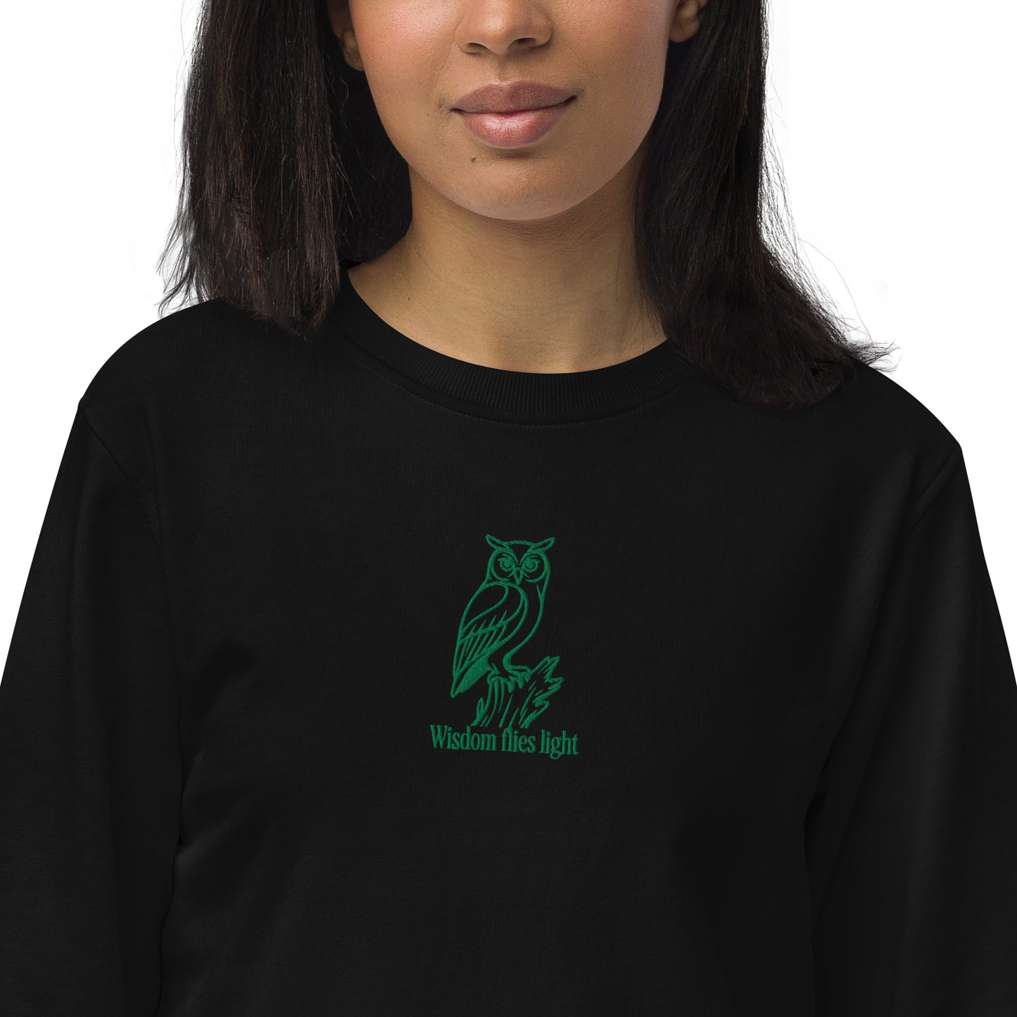 Owl Unisex Organic Sweatshirt: 'Wisdom Flies Light' in Fall | Sustainable Fashion USA Dudeily