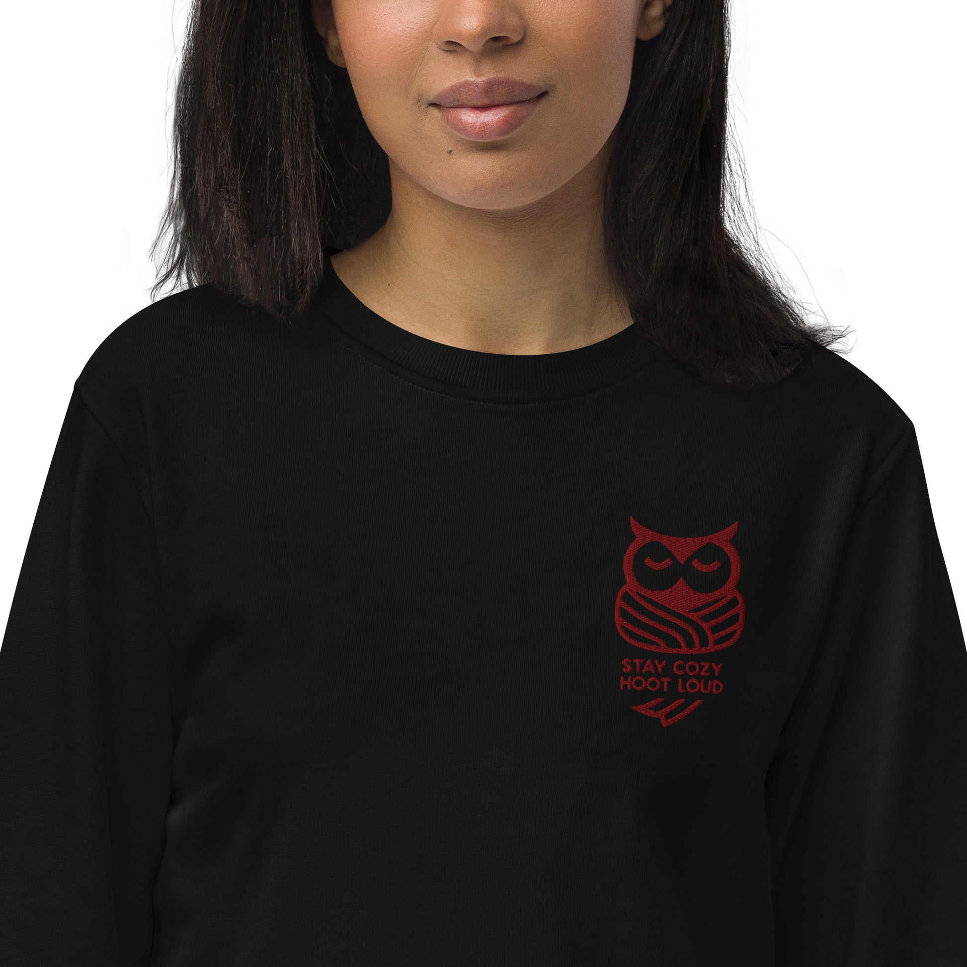 Owl Unisex Organic Sweatshirt: 'Stay Cozy Hoot Loud' in Fall | Sustainable Owl Fashion USA Black Dudeily