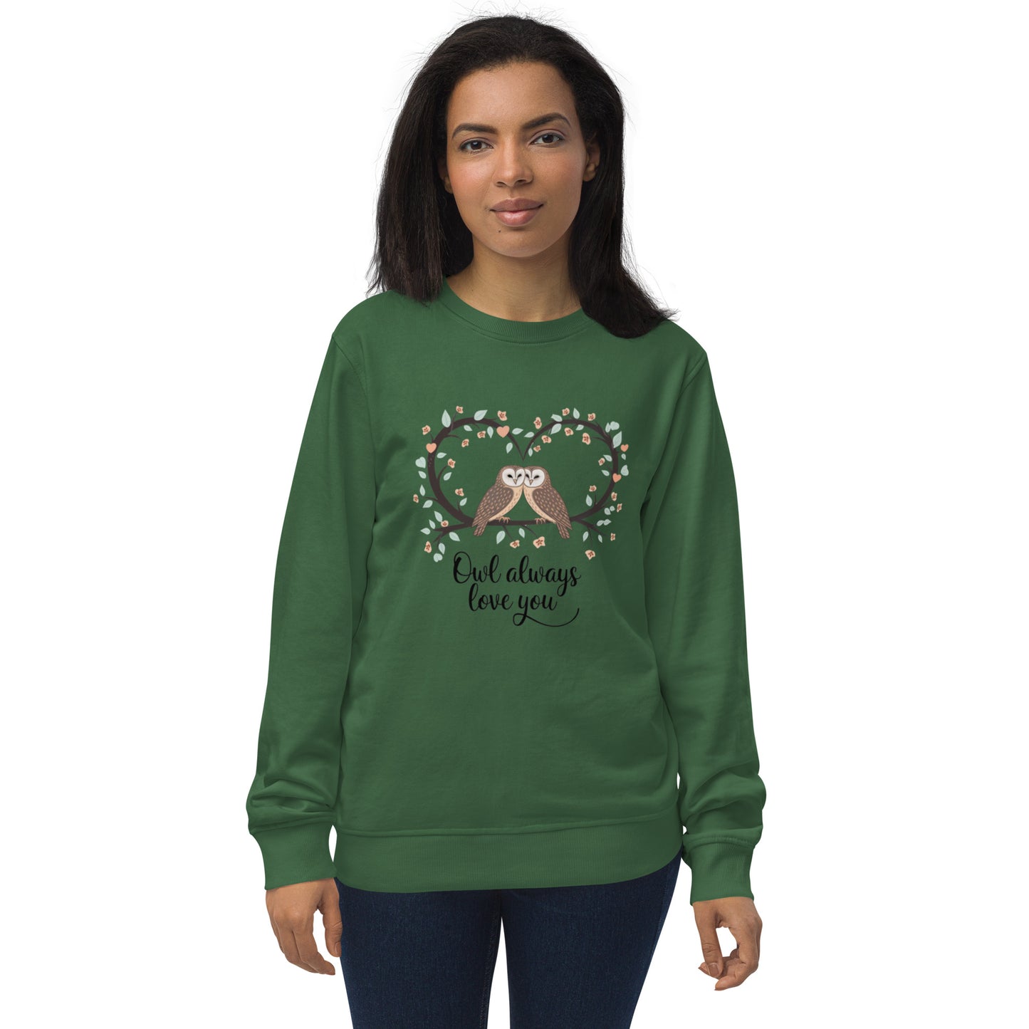 Owl-Themed Unisex Organic Sweatshirt | Sustainable & Cozy Fashion Bottle Green Dudeily
