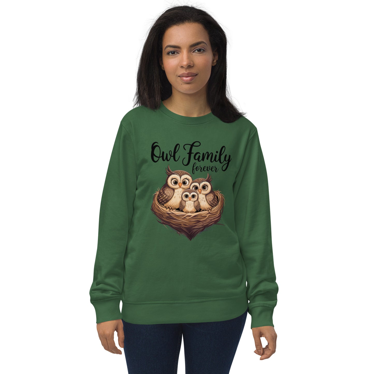 Owl-Themed Unisex Organic Sweatshirt | Eco-Friendly & Stylish Bottle Green Dudeily