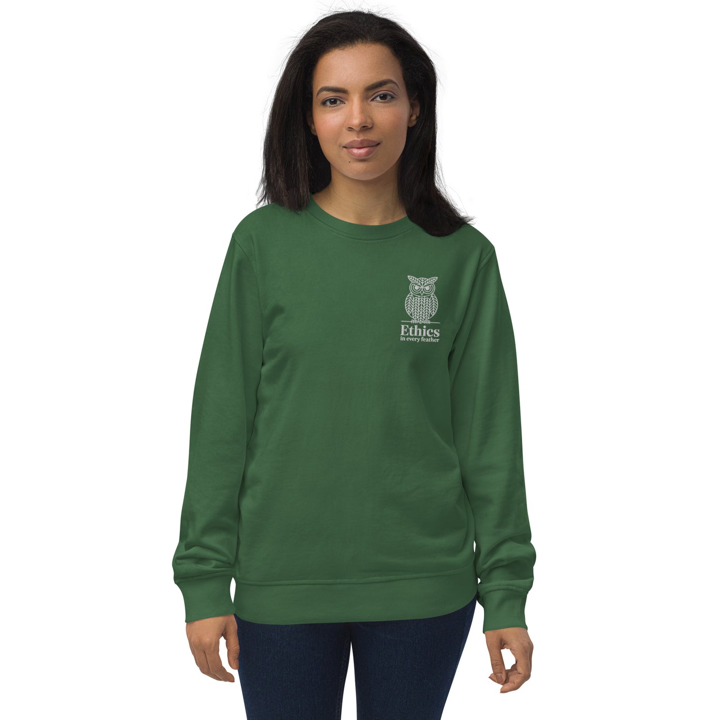 Owl Unisex Organic Sweatshirt – "Ethics in Every Feather" | Sustainable Fashion USA Bottle Green Dudeily