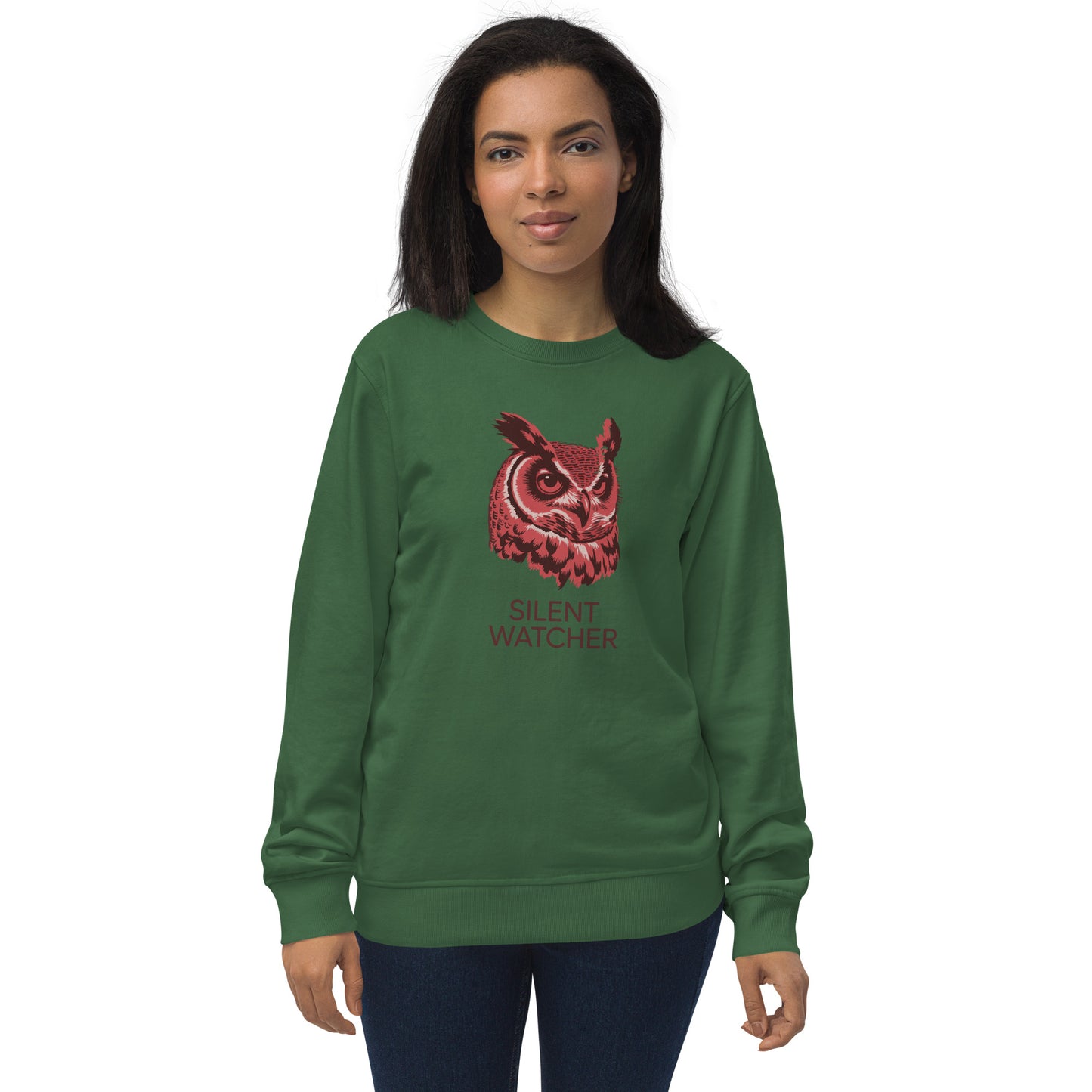 Unisex Organic Sweatshirt: 'Silent Watcher' in Fall | Ethical Owl Clothing USA Bottle Green Dudeily