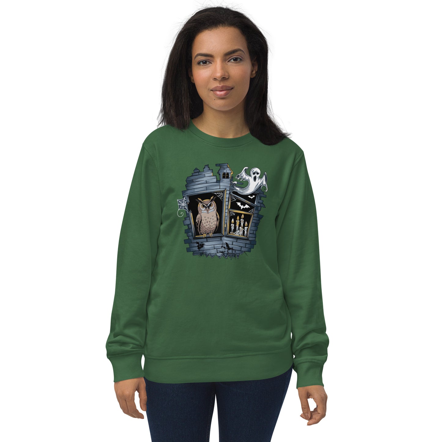 Unisex Organic Sweatshirt: Halloween Owl Cozy Eco-Friendly Style USA Bottle Green Dudeily