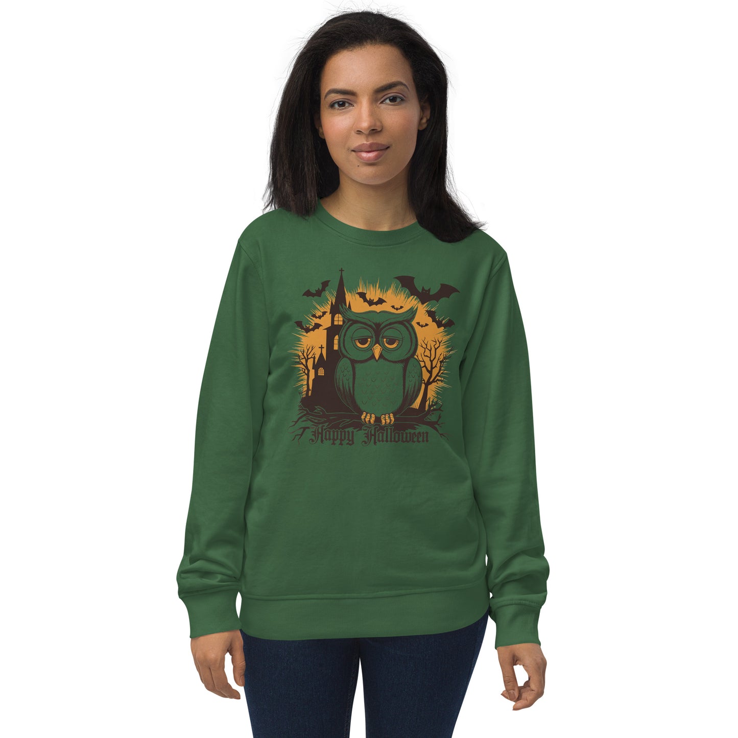 Unisex Organic Sweatshirt: Halloween Owl Cozy Eco-Friendly Style USA Bottle Green Dudeily