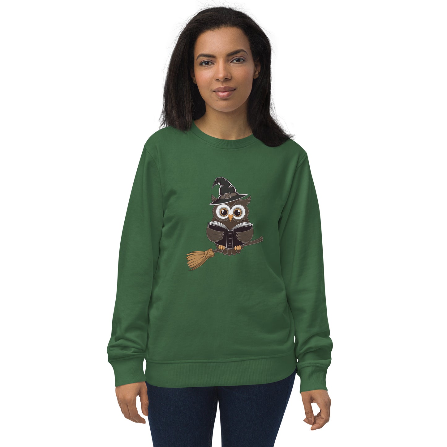 Unisex Organic Sweatshirt: Halloween Owl Cozy Eco-Friendly Style USA Bottle Green Dudeily