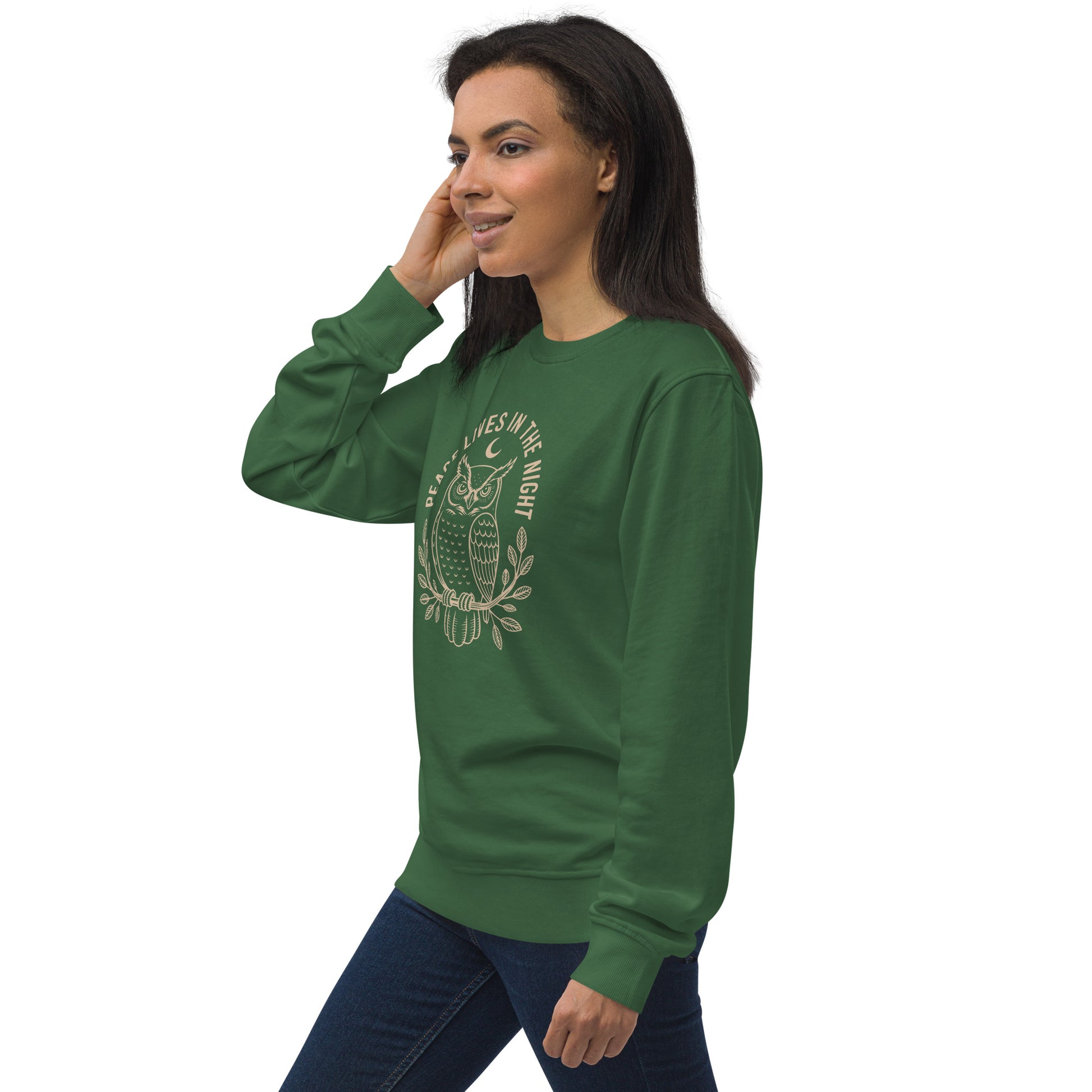 Unisex Organic Sweatshirt: 'Peace in the Night' in Fall | Sustainable Owl Fashion USA Dudeily
