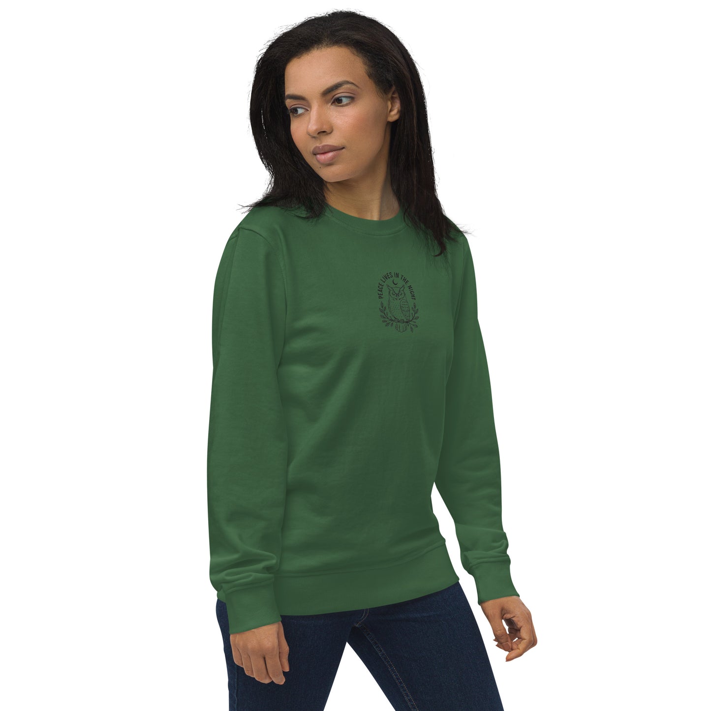 Owl Unisex Organic Sweatshirt – 'Peace Lives in the Night' in Fall | Sustainable Fashion USA Dudeily