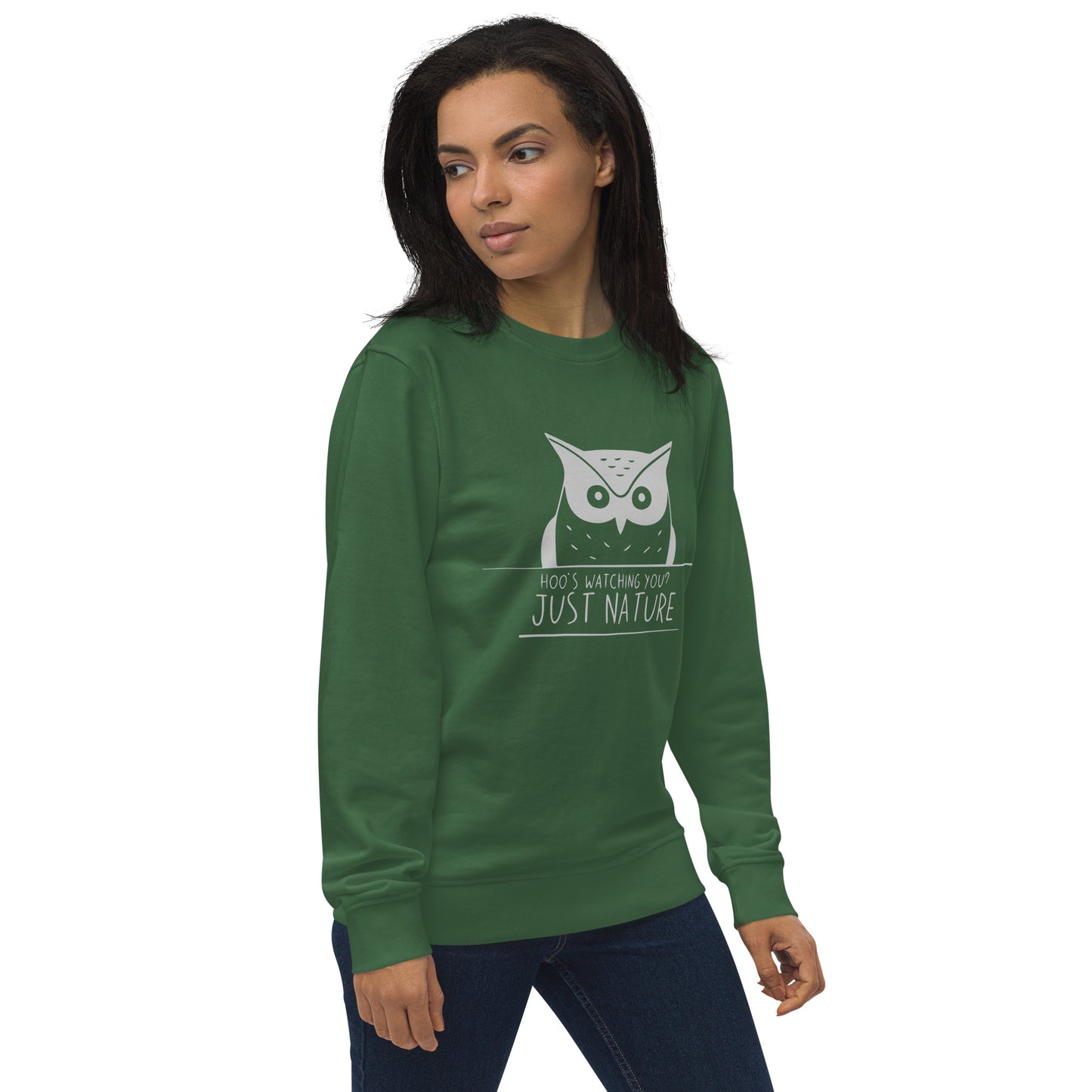 Unisex Organic Sweatshirt: 'Hoo's Watching You? Just Nature' | Sustainable Owl Fashion USA Dudeily
