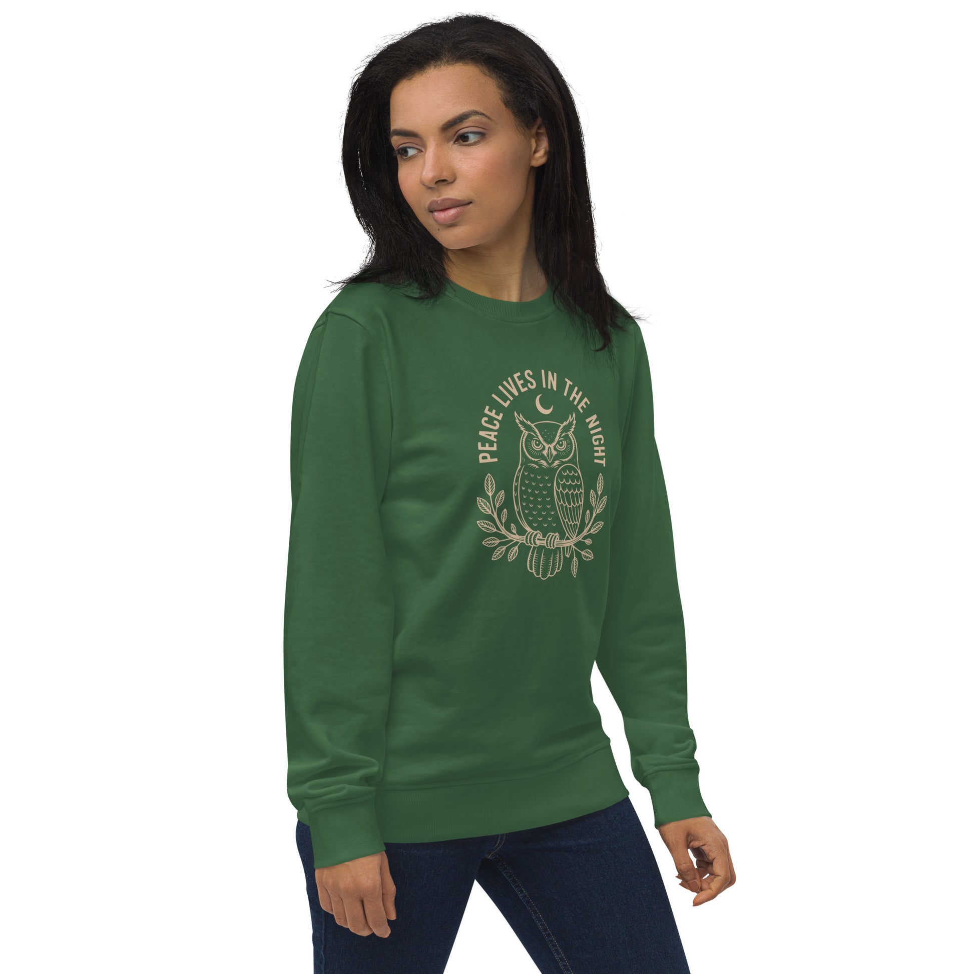 Unisex Organic Sweatshirt: 'Peace in the Night' in Fall | Sustainable Owl Fashion USA Dudeily