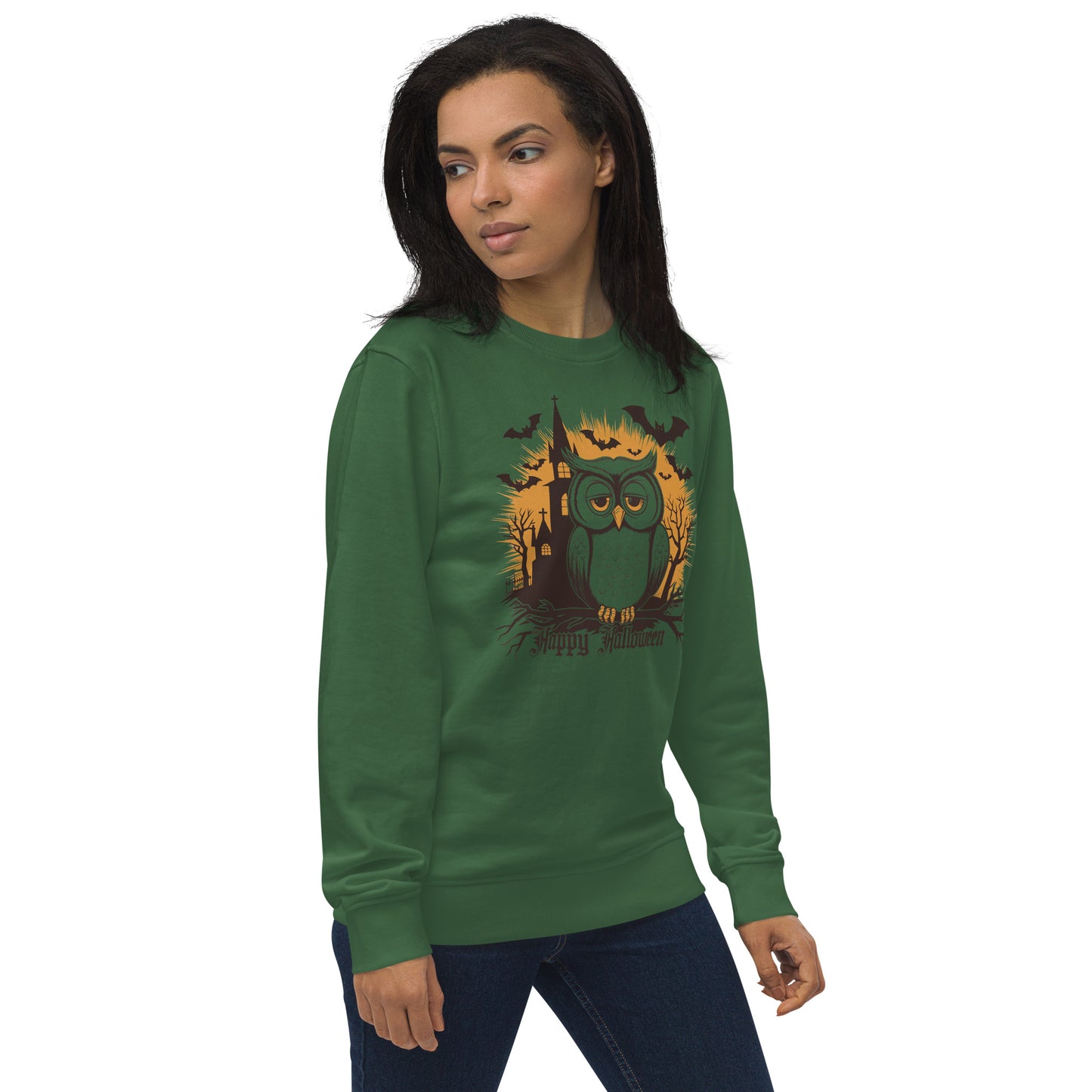 Unisex Organic Sweatshirt: Halloween Owl Cozy Eco-Friendly Style USA Dudeily