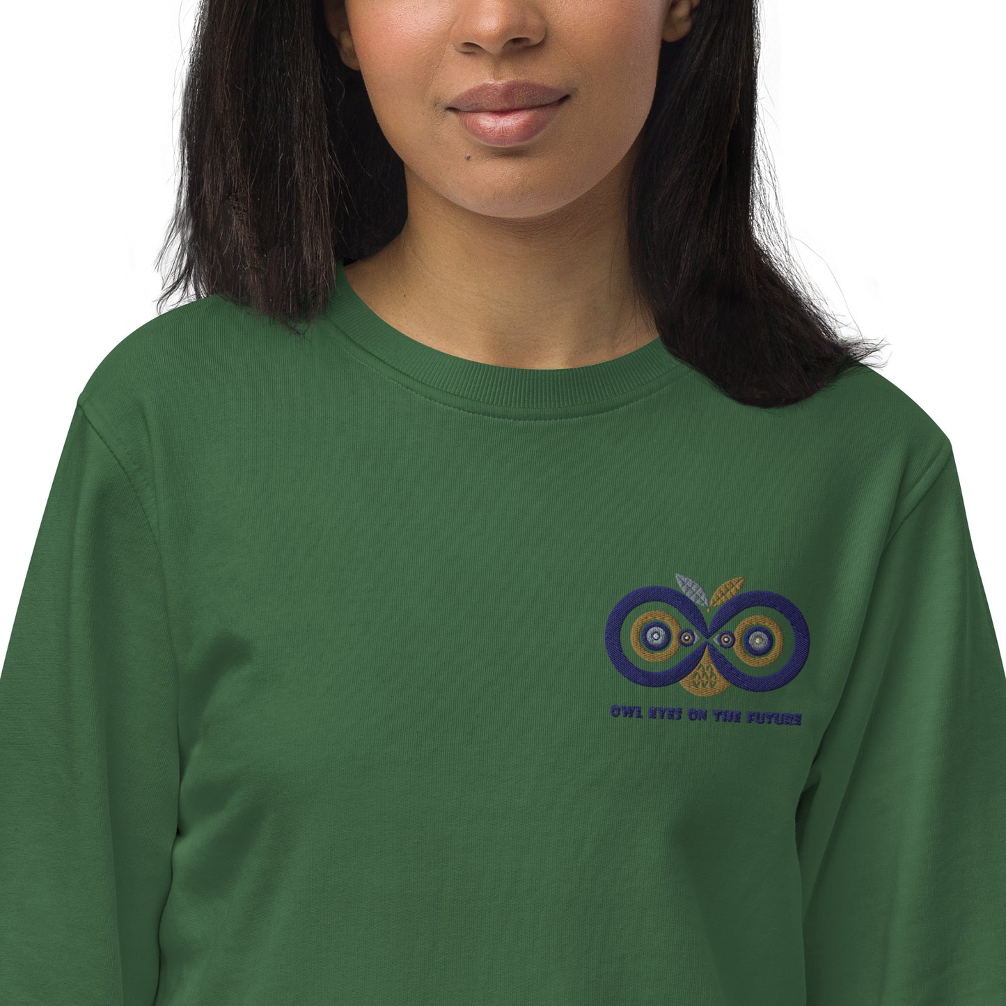 Unisex Organic Sweatshirt: Owl Eyes on the Future | Owl Embroidered Sustainable Fashion USA Dudeily