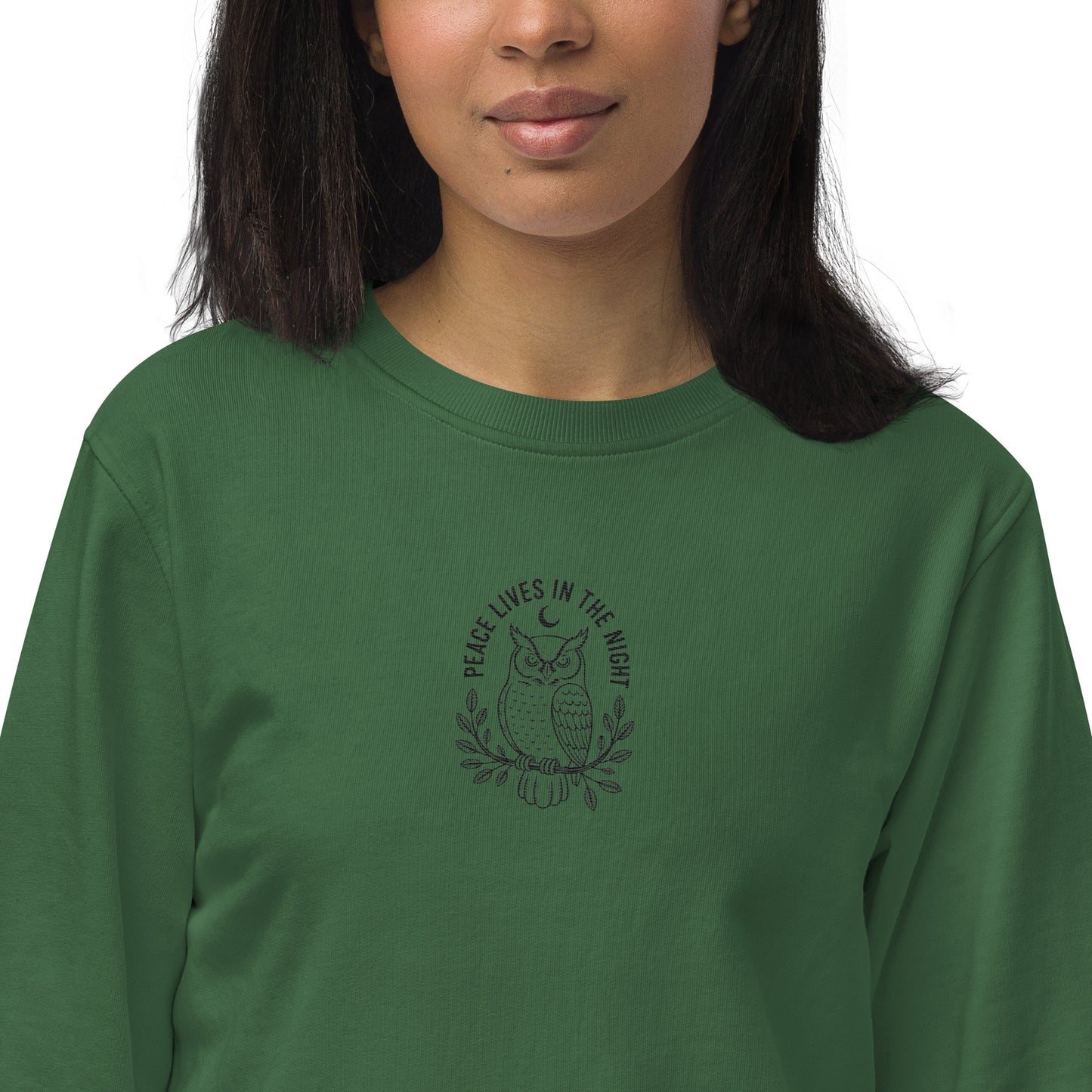 Owl Unisex Organic Sweatshirt – 'Peace Lives in the Night' in Fall | Sustainable Fashion USA Dudeily