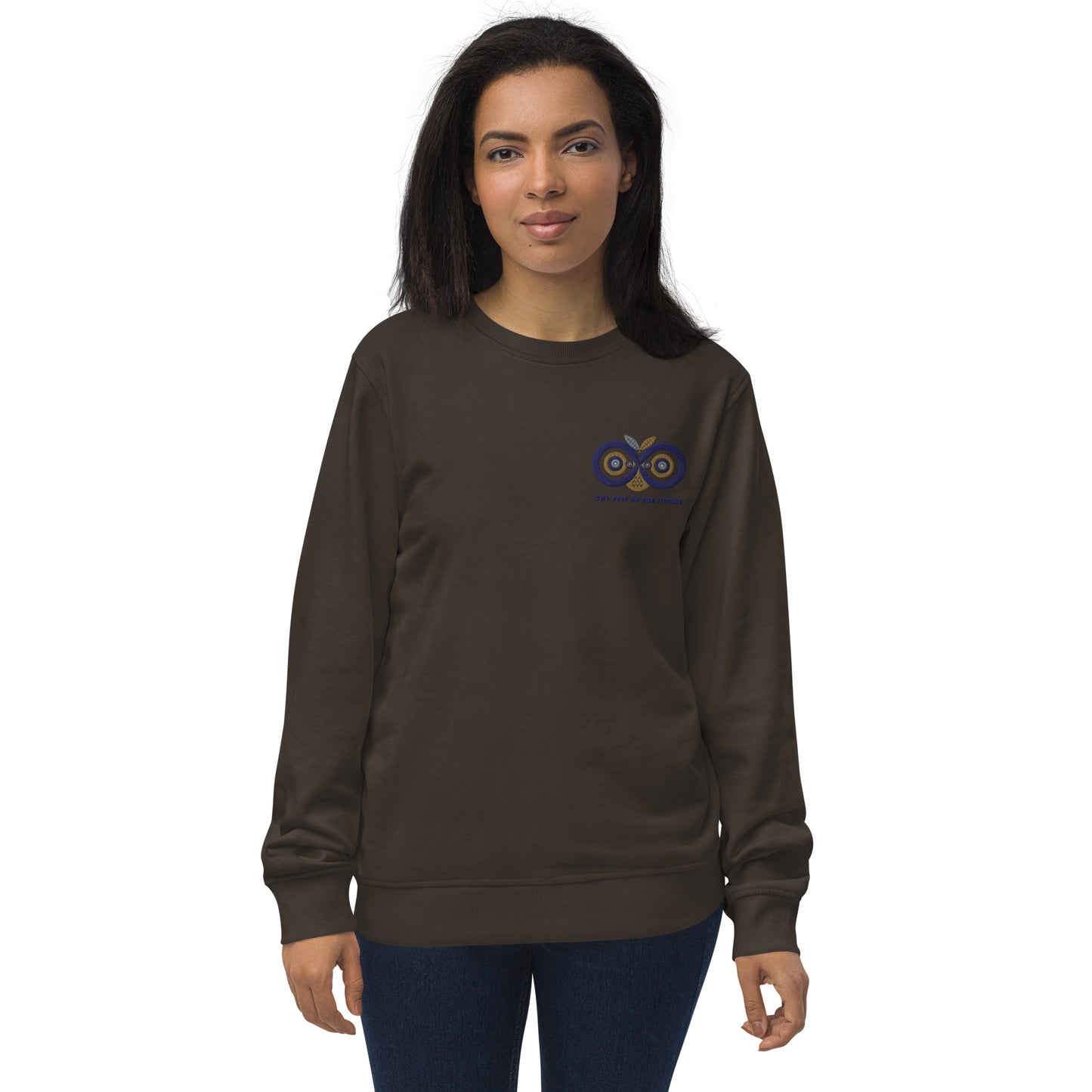 Unisex Organic Sweatshirt: Owl Eyes on the Future | Owl Embroidered Sustainable Fashion USA Deep Charcoal Grey Dudeily