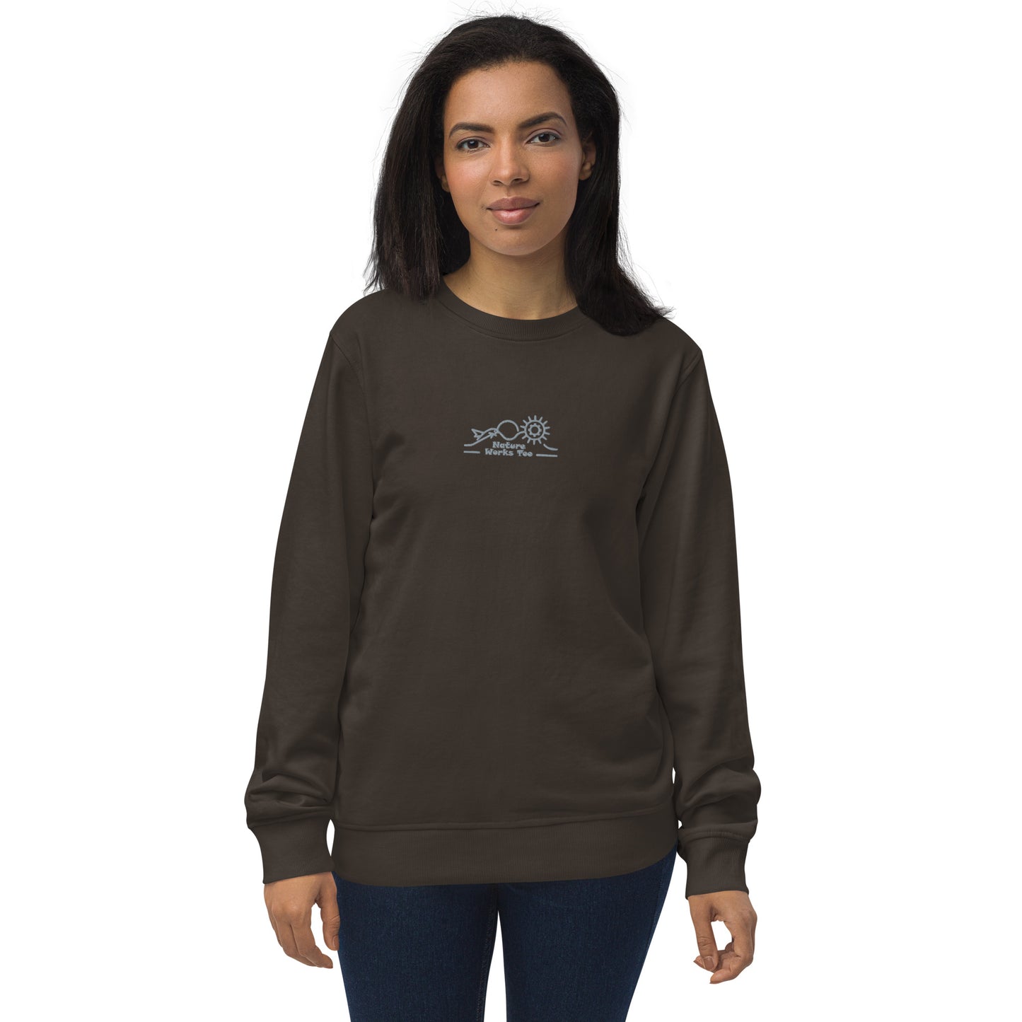 Unisex Organic Sweatshirt: Nature Works Too | Owl Embroidered Sustainable Fashion USA Deep Charcoal Grey Dudeily